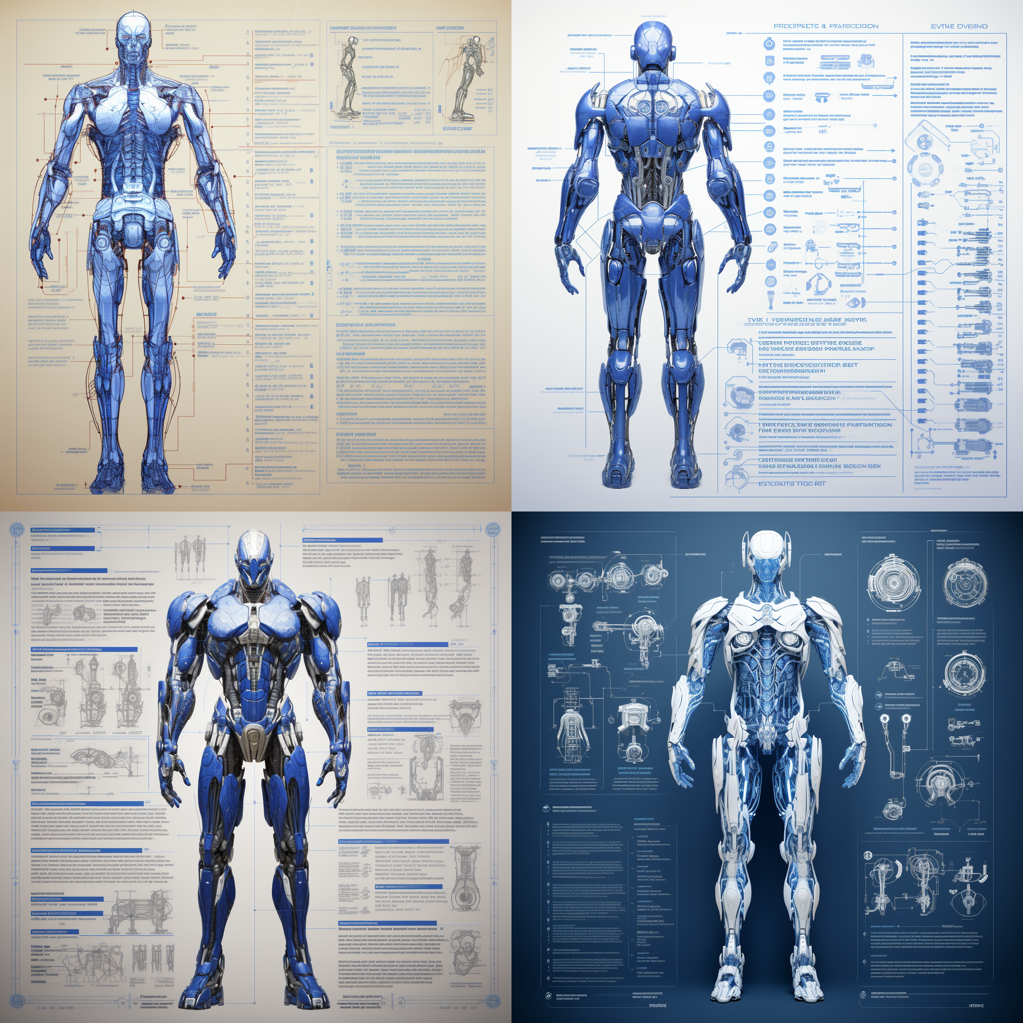 真人仿生机器人设计图，8k，工业设计，灯光投射，透视构图，蓝色调，立体感，高清晰度，细节表现，设计效果图，详细设计稿