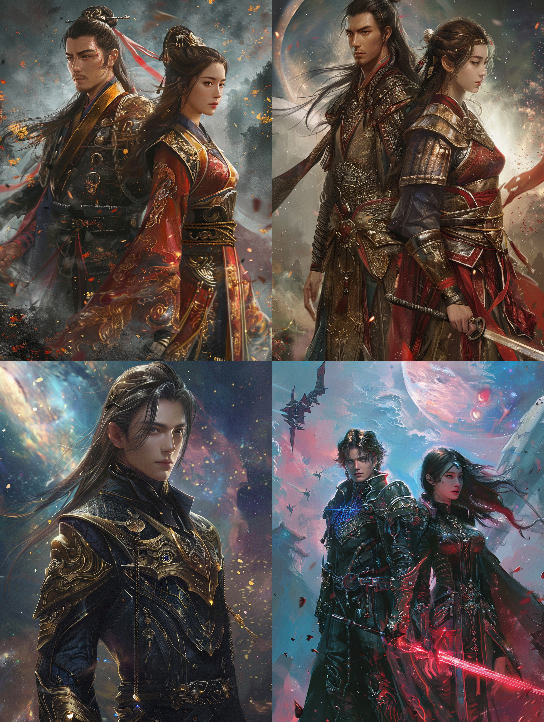 年轻男子，艾琳，中年女子，星门，共赴星际，英姿，智慧光环，优雅大方，补天裂地，开启，未知力量，挑战，全景视角，真实感，漫画效果，8k，国风，机甲武装。