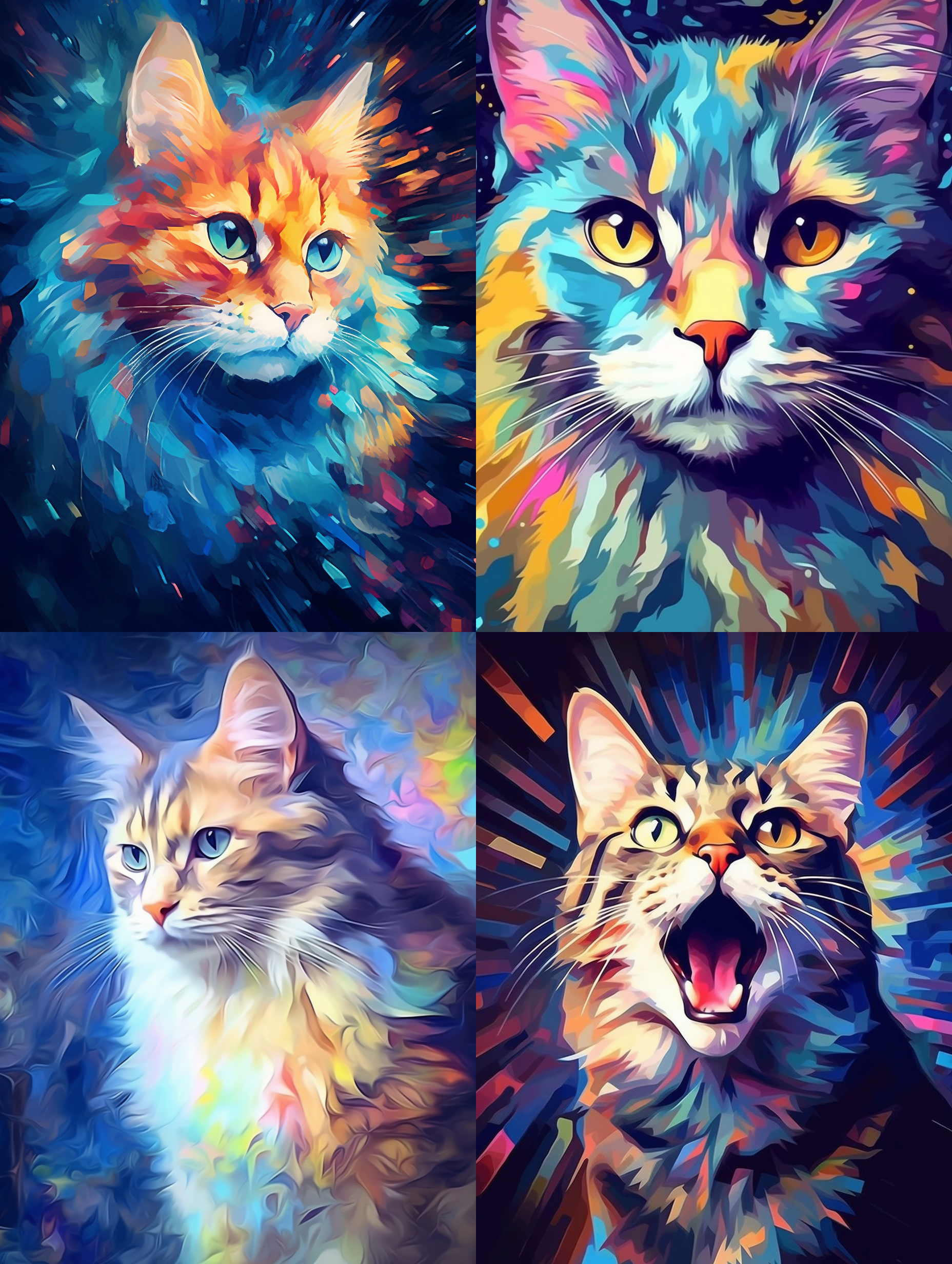 一只彩色的猫，马赛克风格，抽象背景，缩放镜头，色彩丰富，抽象构图，奇幻氛围，梦幻般的情感。