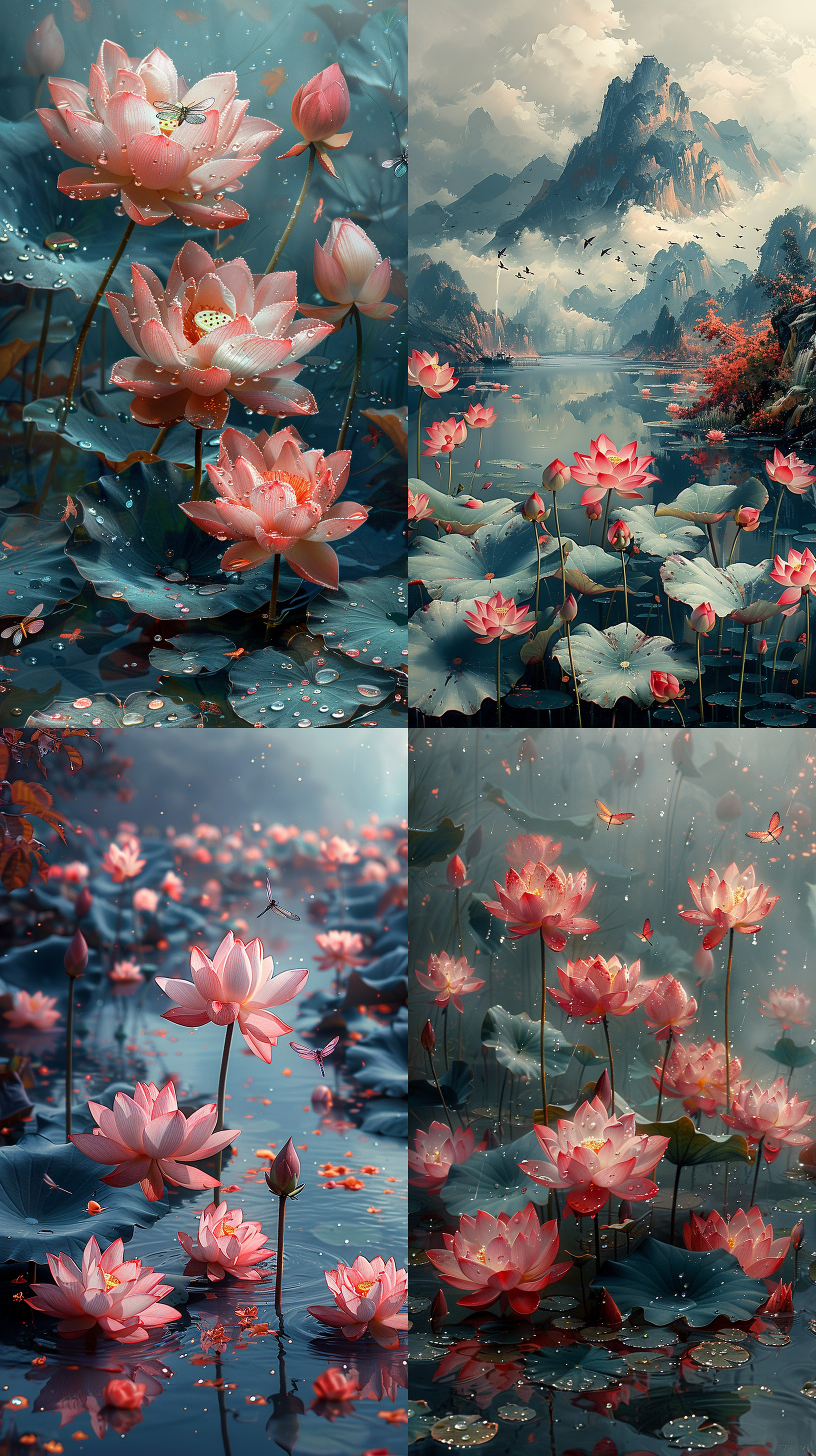 立夏，荷花盛开，蜻蜓停落，极高分辨率，水面倒影，自然光，细节丰富，清新色调，静态，和谐。 天空