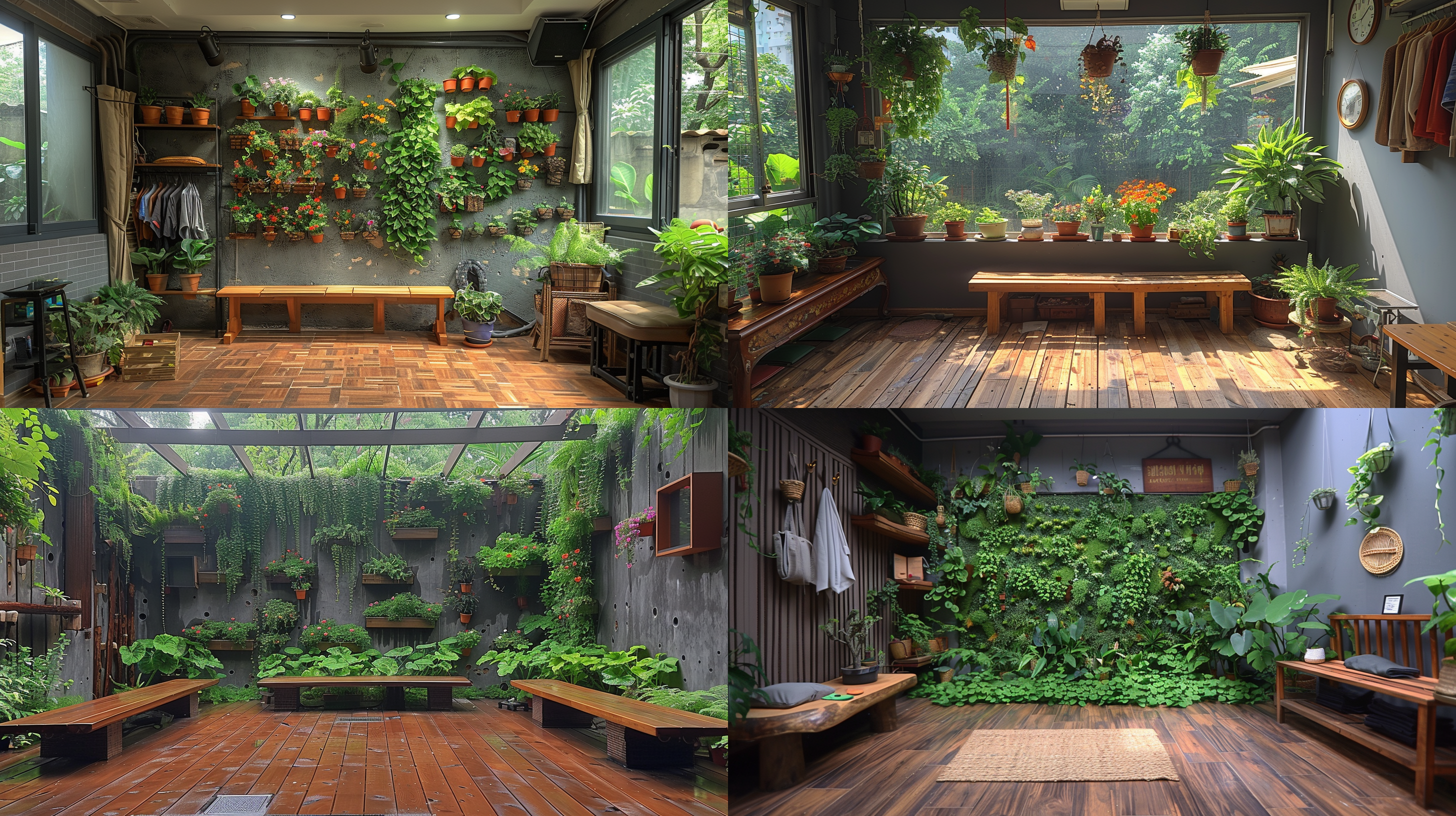 禅意植物景墙，简约清新，绿植装饰，坐凳、晾衣架，柔和自然光，中焦镜头，静态，和谐，清新自然，绿色调。