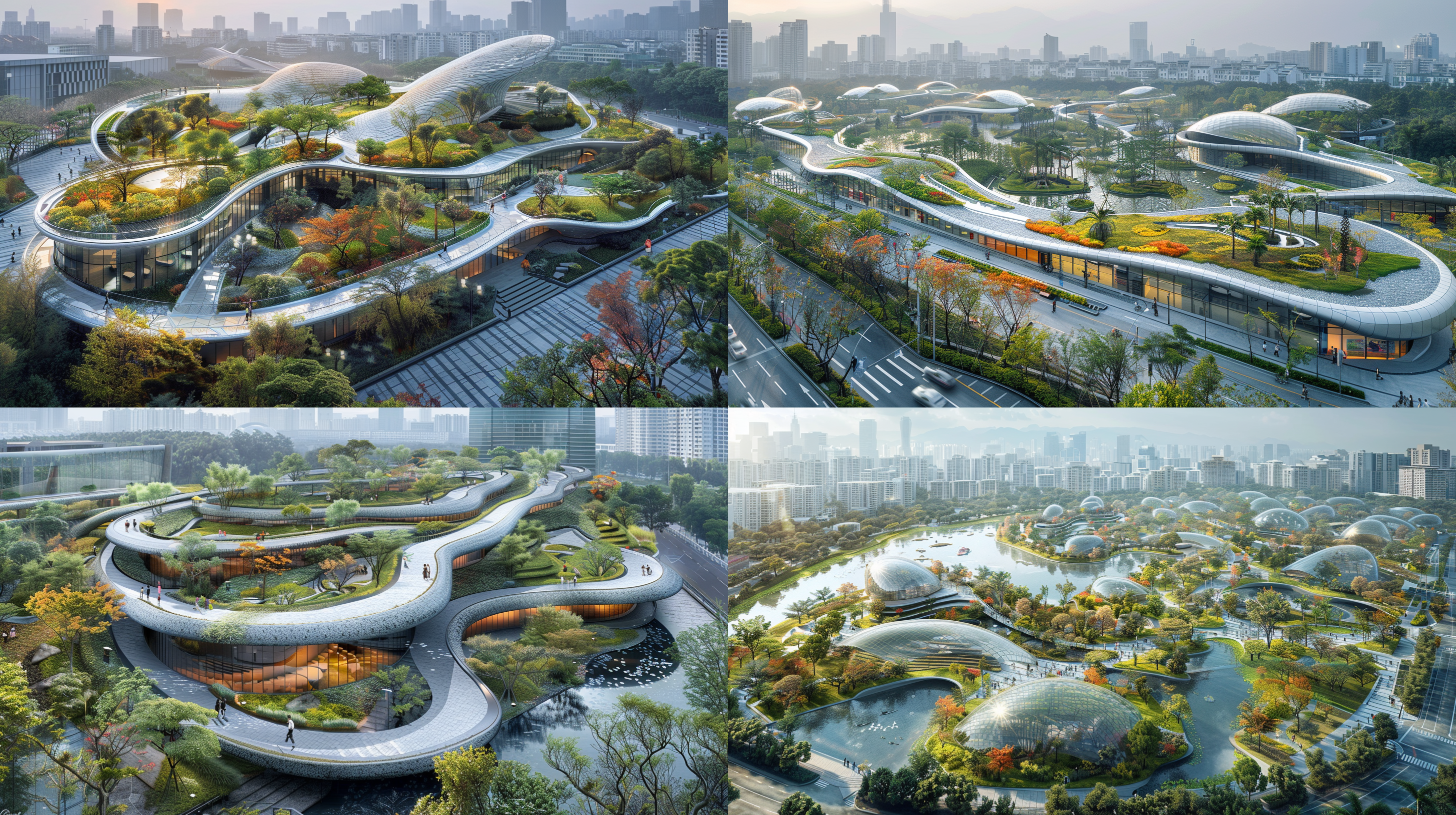 urban along-the river ecological landscape park, the design of the world's top landscape masters, extremely humanized landscape, environmental protection red plastic long running track, fitness center, fitness equipment, various landscape tree species, landscape plants and flowers, landscape stones, landscape waterfalls, winding walking channels, crushed stone and pebble paths, landscape floor lamps, the afterglow of the sunset at dusk, bright and colorful sunsets, a stream of tourists, quiet landscape lake water, lovers rowing small boats, advanced amusement facilities, 8k ultra-high definition picture quality, aerial bird's-eye photography, wide-angle aerial photography lens, remove picture noise points.