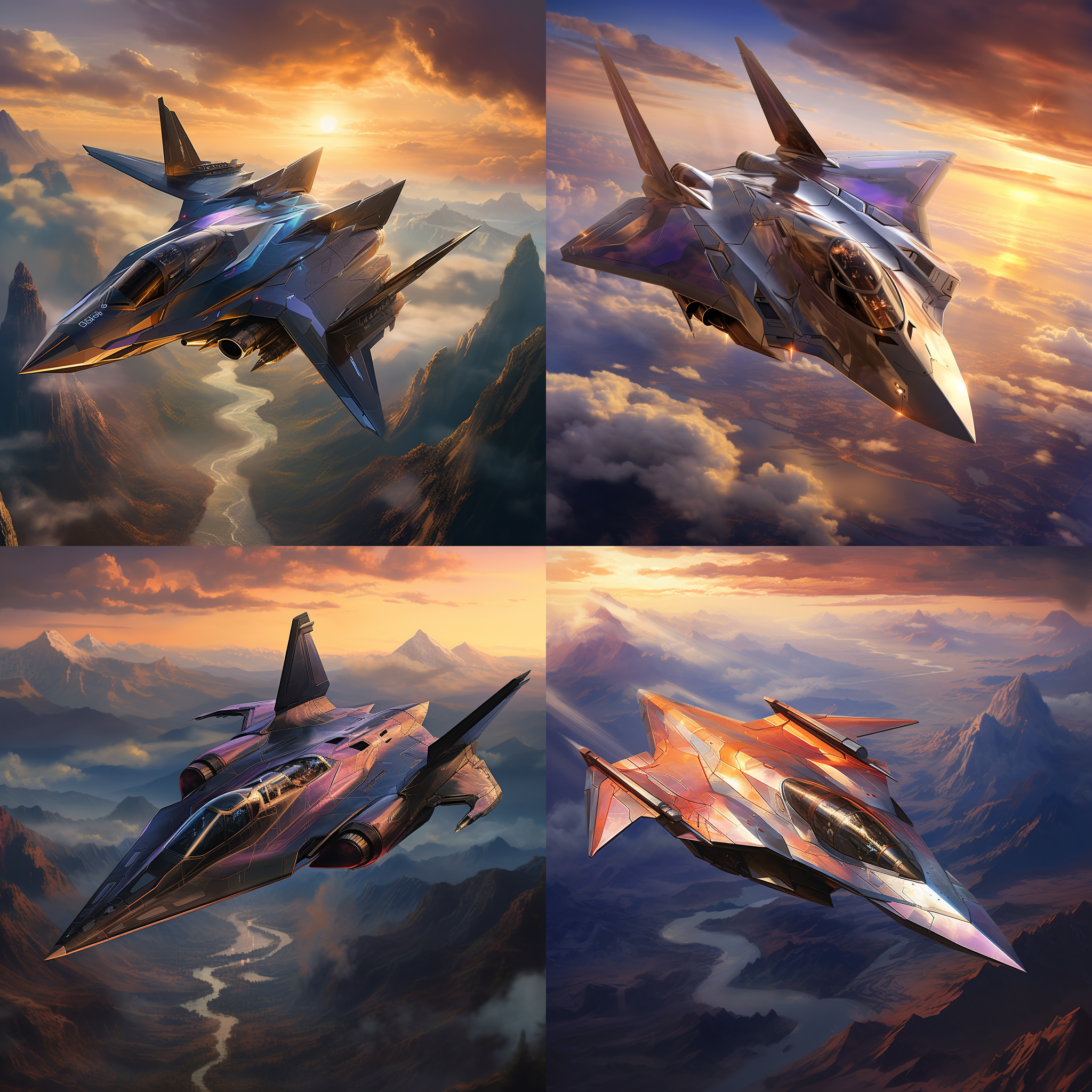 未来战斗机在夕阳余晖下未来战斗机在夕阳余晖下飞行，机身笔直，机翼展开，背景为壮观的云海和远山。金属光泽，科幻风格，动感十足