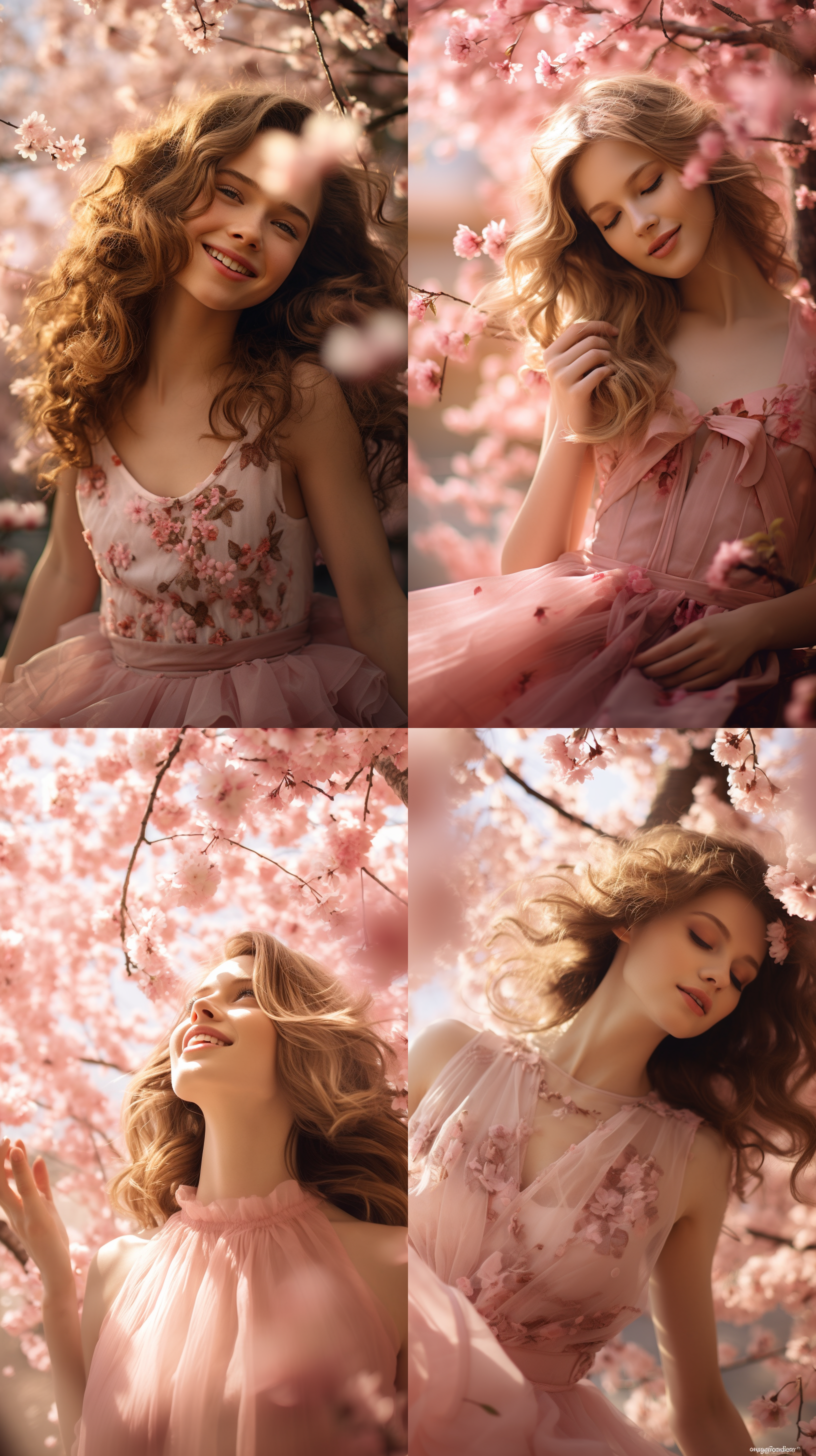 萝莉在樱花树下，粉色连衣裙，甜美微笑，柔和光线，浪漫氛围，近景特写，樱花飘落，温暖色调，清新感，幸福。