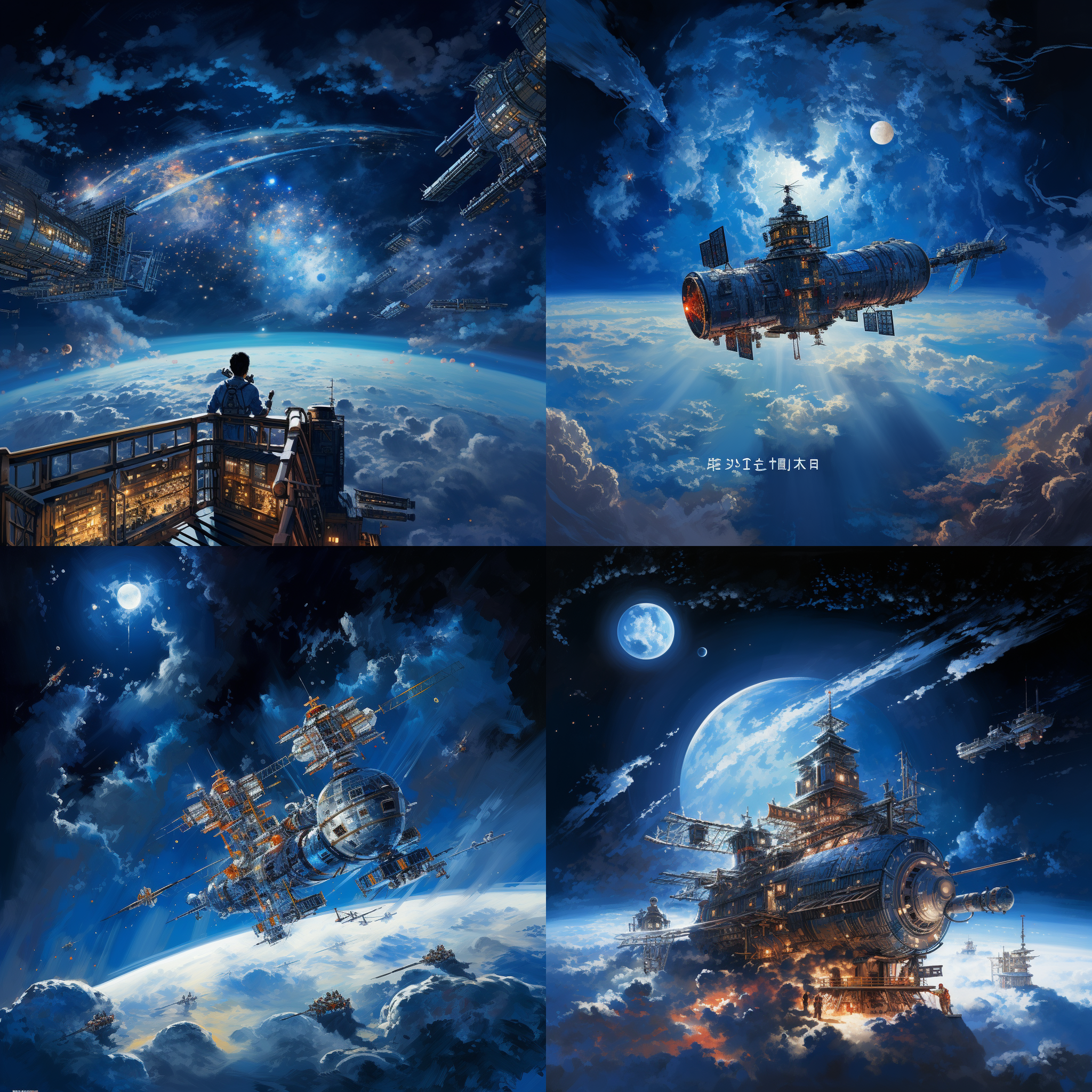 神舟飞船在星空中飞行，超高分辨率，中国航天日庆祝，宇航员在窗外望着地球，宏伟壮观，蓝色调，细节丰富，光影交错，梦想，自豪，敬畏。