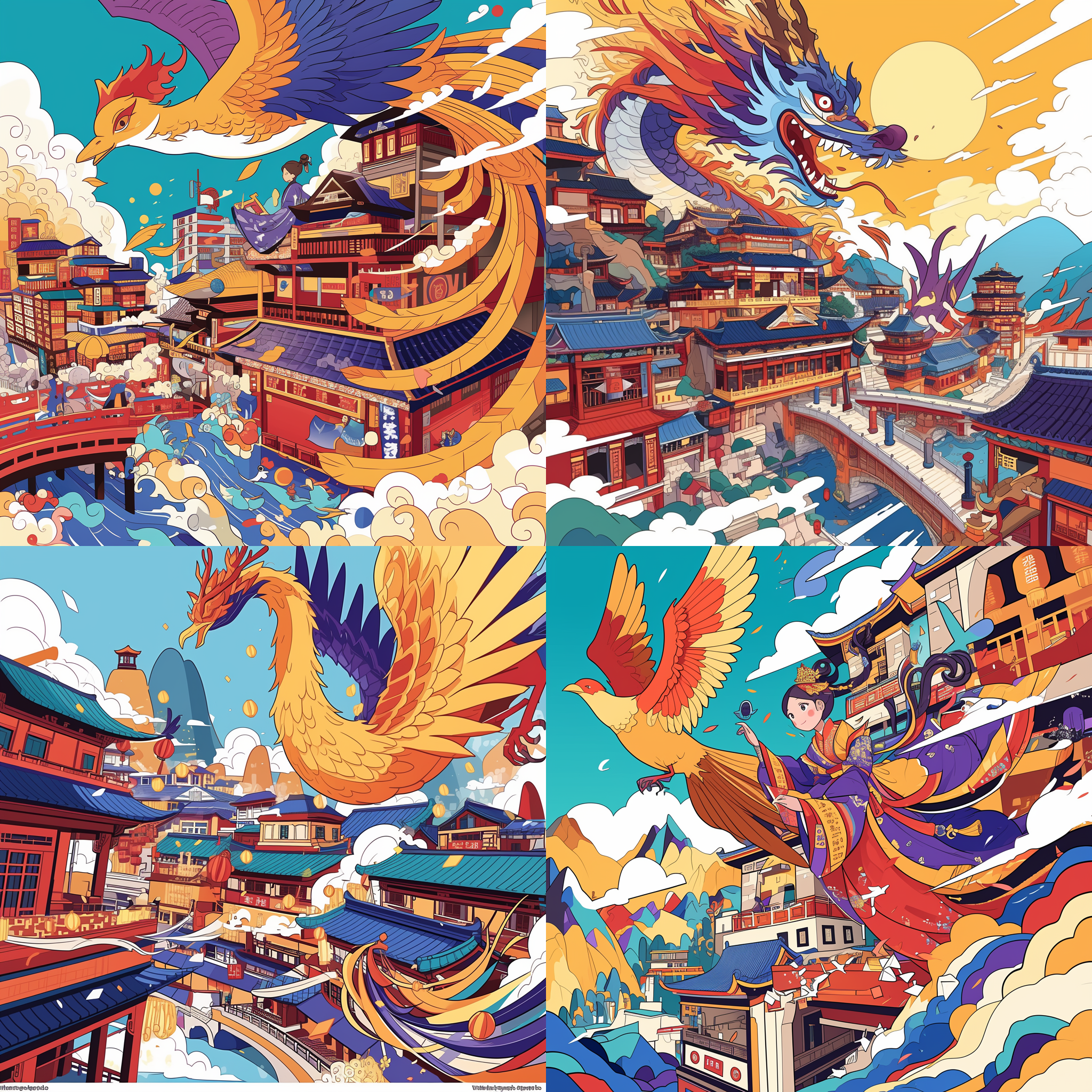 凤凰围绕古建筑，九间楼，浅色背景，传统元素，宽广构图，明亮柔和光线，丰富细节，友善眼神，喜庆颜色，欢乐氛围，国潮风格，插画风，华丽色彩，神秘韵味。