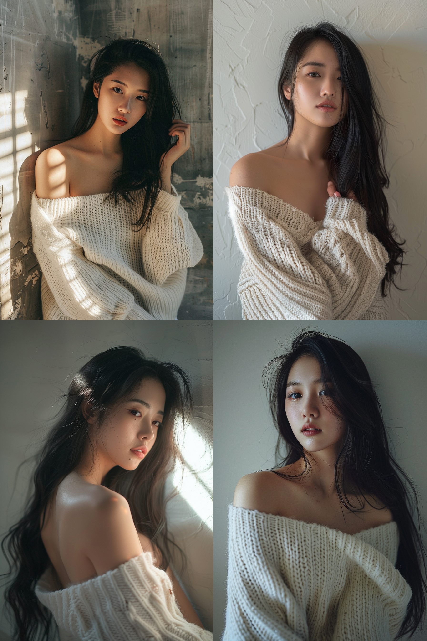 亚洲美丽女孩，21岁，身穿白色宽松一字肩毛衣，非常漂亮，黑色长发，墙面模特，室内拍摄，侧面光线，墙面摄影，16k