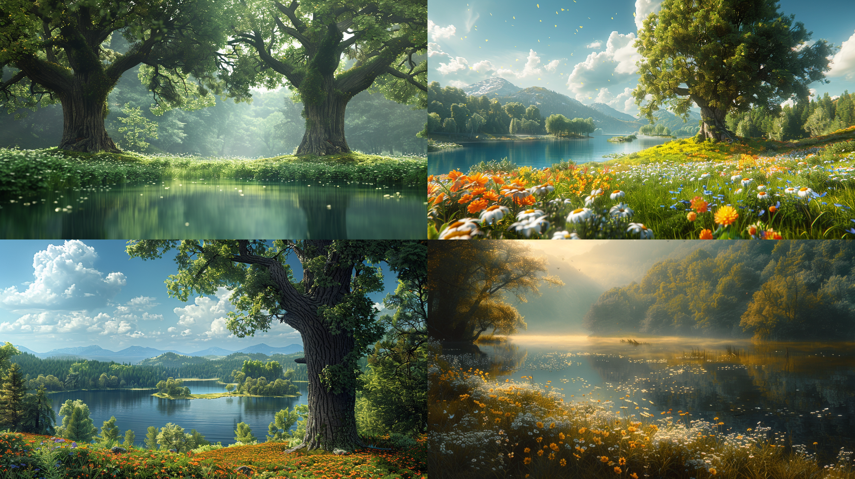山丘上巨大树，翠绿茂盛，草地鲜花，湖泊树林，阳光灿烂。广角镜头，大景深，高清彩色摄影。