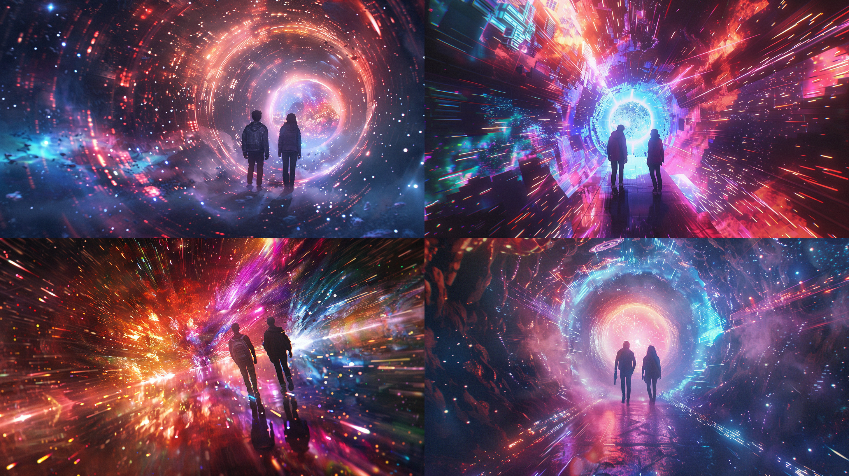 星门指引，孙羽阳和艾琳站立，闪光灯效果，宇宙背景，明亮色调，长焦镜头，鸟瞰视角，目光坚定，星际冒险，动态。