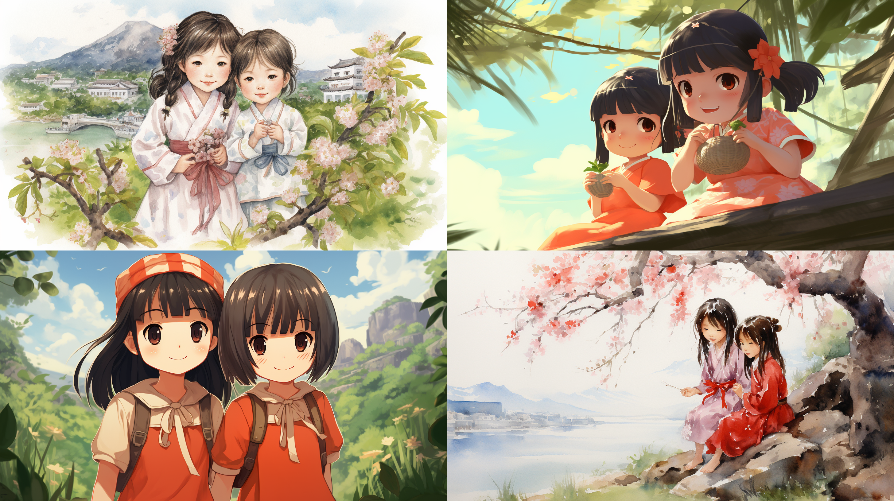 两个中国女生在枫树下的合照，宫崎骏风格，手绘风，水彩风，泡泡玛特风格，赤壁风格，两个女生背靠背，梦幻，最高品质，特写镜头