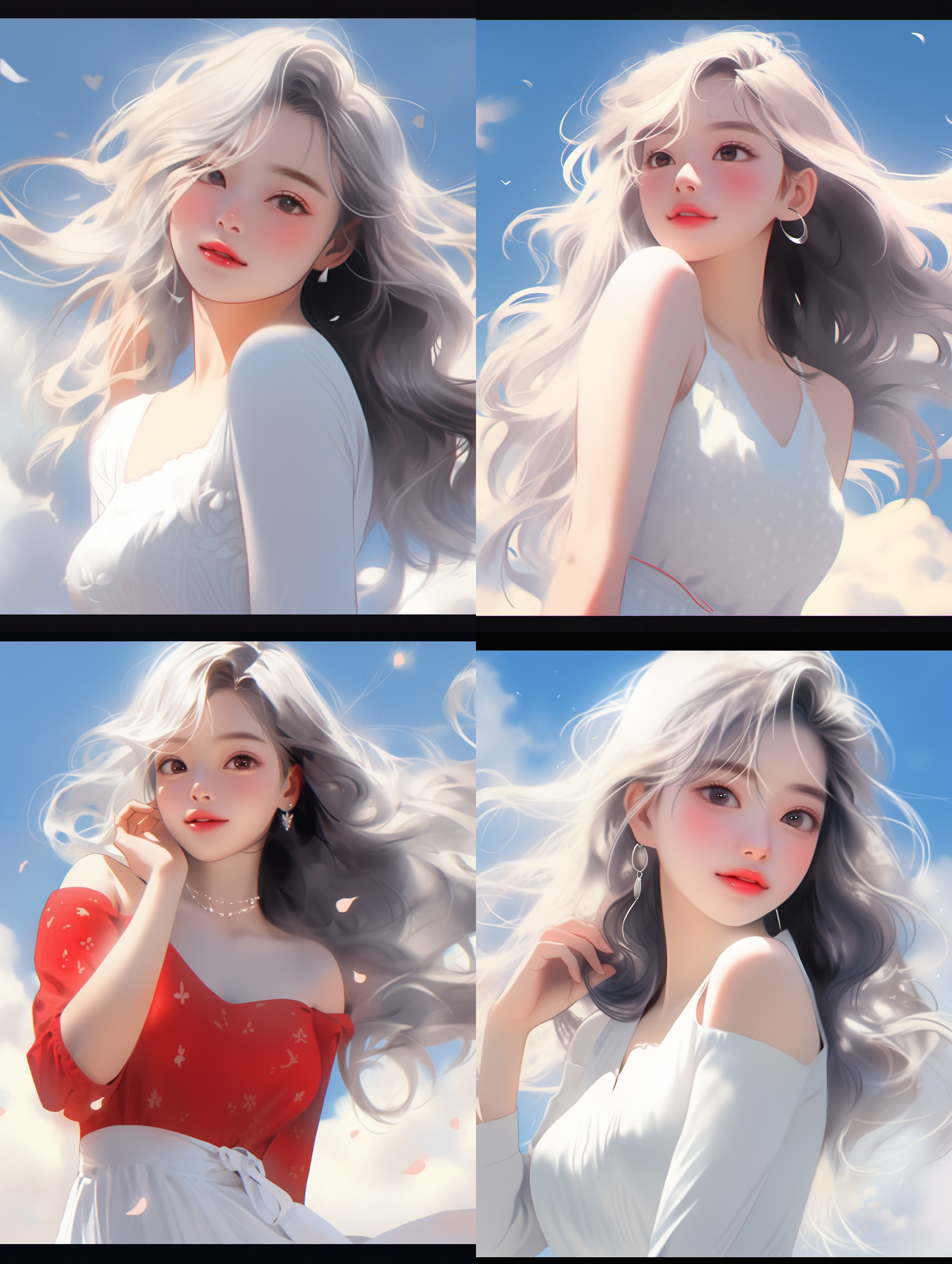 there is a woman with long white hair standing in the sky,realistic cute girl painting,mandy jurgens 8 k 1 5 0 mpx,rossdraws digital painting,realistic anime art style,rossdraws global illumination,kawaii realistic portrait,realistic anime artstyle,stanley artgerm lau,realistic anime style at pixiv,realistic anime 3 d style,wlop painting style,ross tran. scenic background,portrait of kim petras,portrait anime girl,photorealistic anime girl render,wlop | artgerm,liang xing,featured on art station,range there is a woman with long white hair standing in the sky,realistic cute girl painting,mandy jurgens 8 k 1 5 0 mpx,rossdraws digital painting,realistic anime art style,rossdraws global illumination,kawaii realistic portrait,realistic anime artstyle,stanley artgerm lau,realistic anime style at pixiv,realistic anime 3 d style,wlop painting style,ross tran. scenic background,portrait of kim petras,portrait anime girl,photorealistic anime girl render,wlop | artgerm,liang xing,featured on art station,range murata jeremy lipking,semirealistic anime style,rossdraws volumetric lighting,realistic digital painting,yanjun cheng,realistic digital drawing,rossdraws 2. 5,portrait of female korean idol,artgerm on artstation pixiv,cgsociety 9,realistic portrait full body,gorgeous digital painting,wlop rossdraws,featured on artgerm,disney animation style, romantic charm, original emotions, exaggerated facial features, color, bright, warm, rich details, light and shadow changes, lens blur