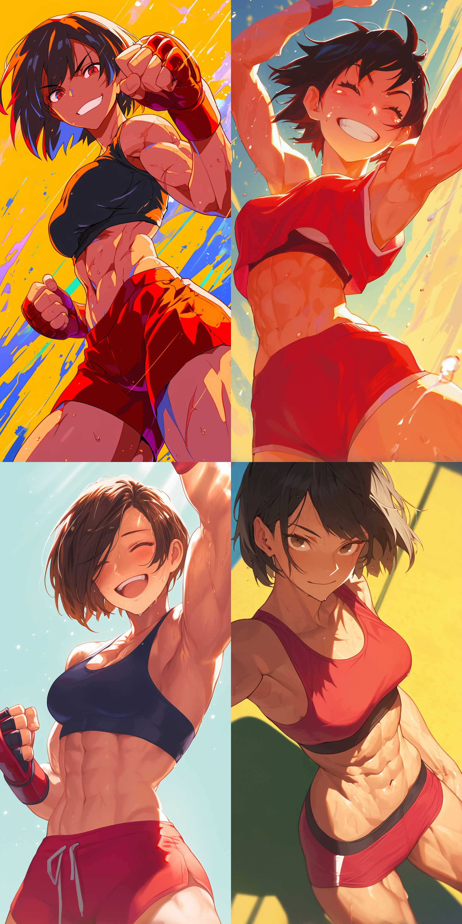 二次元女孩，短发，黑黄渐变，俏皮笑容，肌肉线条，半身运动背心，红色散打短裤，健康肌肉，活力，清晰轮廓，明亮色彩，高度渲染，4k 倾斜视角 经典黑白红 太阳光 动画艺术 电影风格 校园