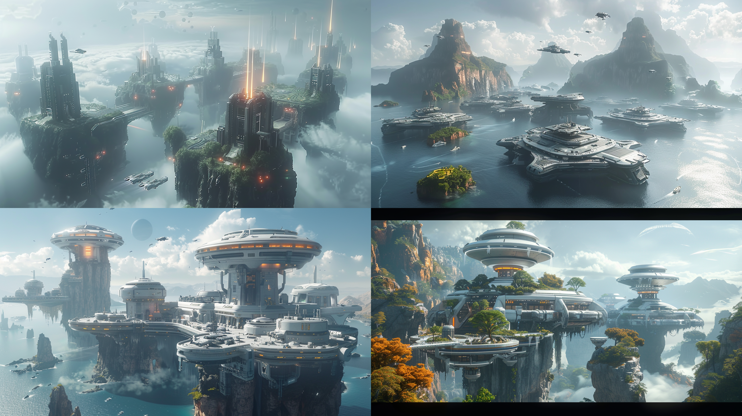 未来世界的岛屿，岛屿上有巨型天坑，天坑上有几座浮空建筑，未来科幻风格，高科技设施，光影交错，虚拟现实，活力四射，《死亡搁浅》