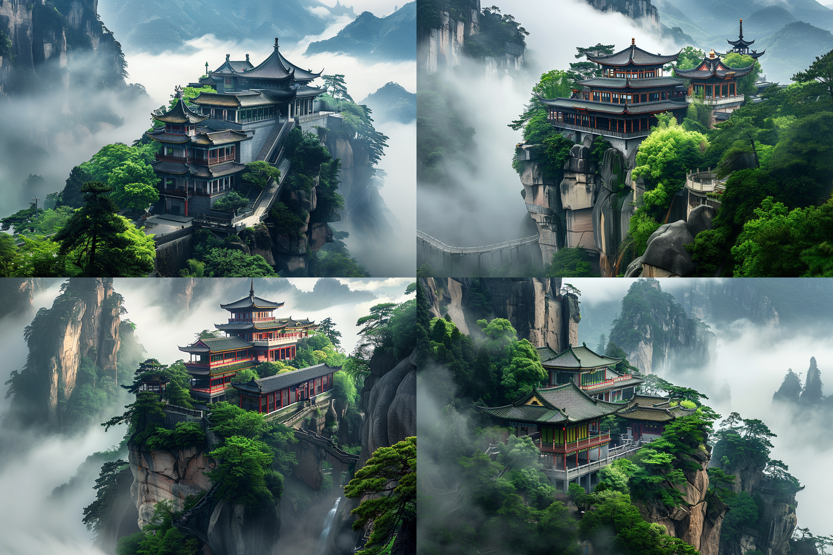 中国古代宫殿建筑群，秦汉风，宏伟大气，有高山流水，翠柏劲松，