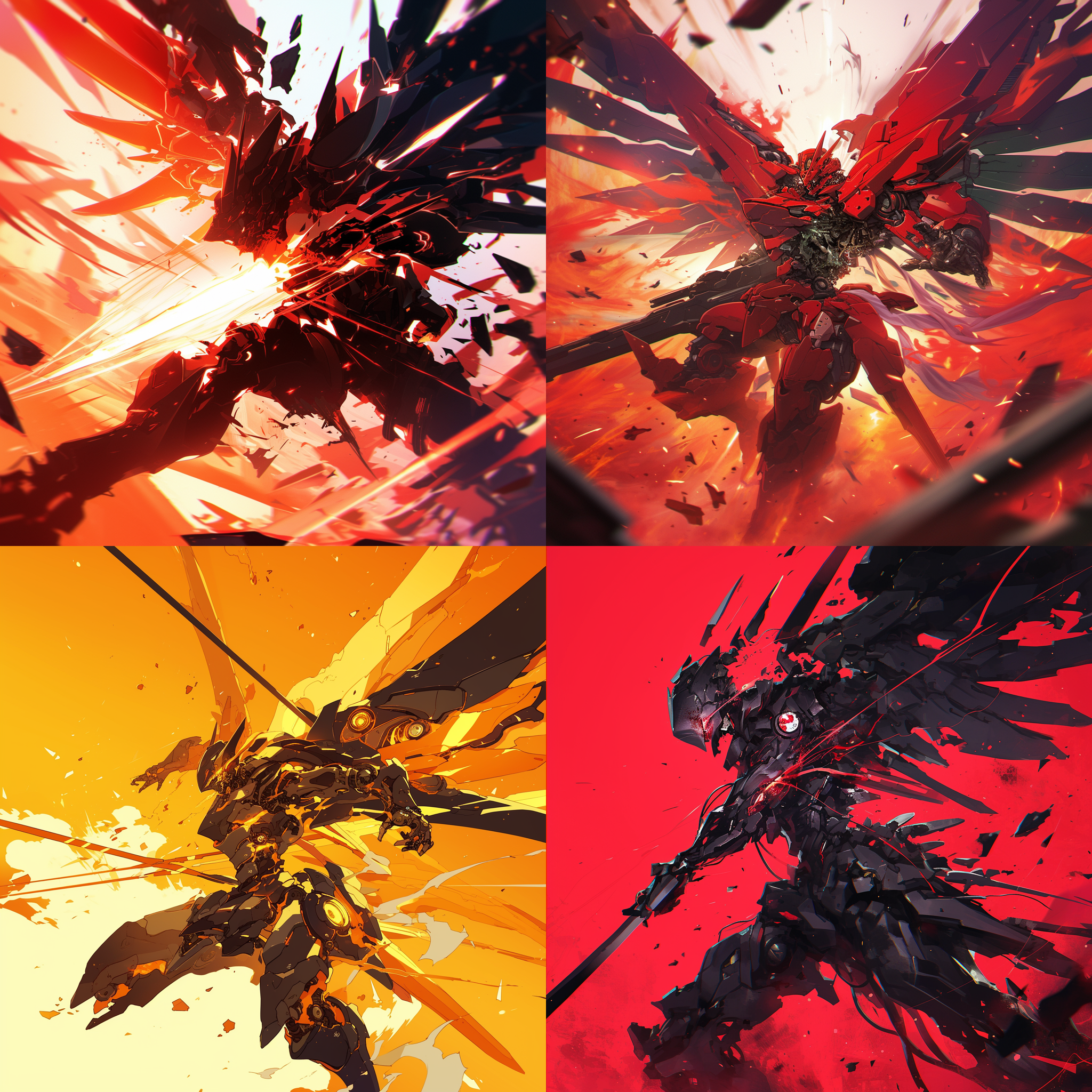机甲刺客，夸张动作，细节丰富，日本动漫风格，模糊背景，高饱和度，暖色调，抗锯齿，电影特效，蓝光画质，破碎的机翼，超高清。