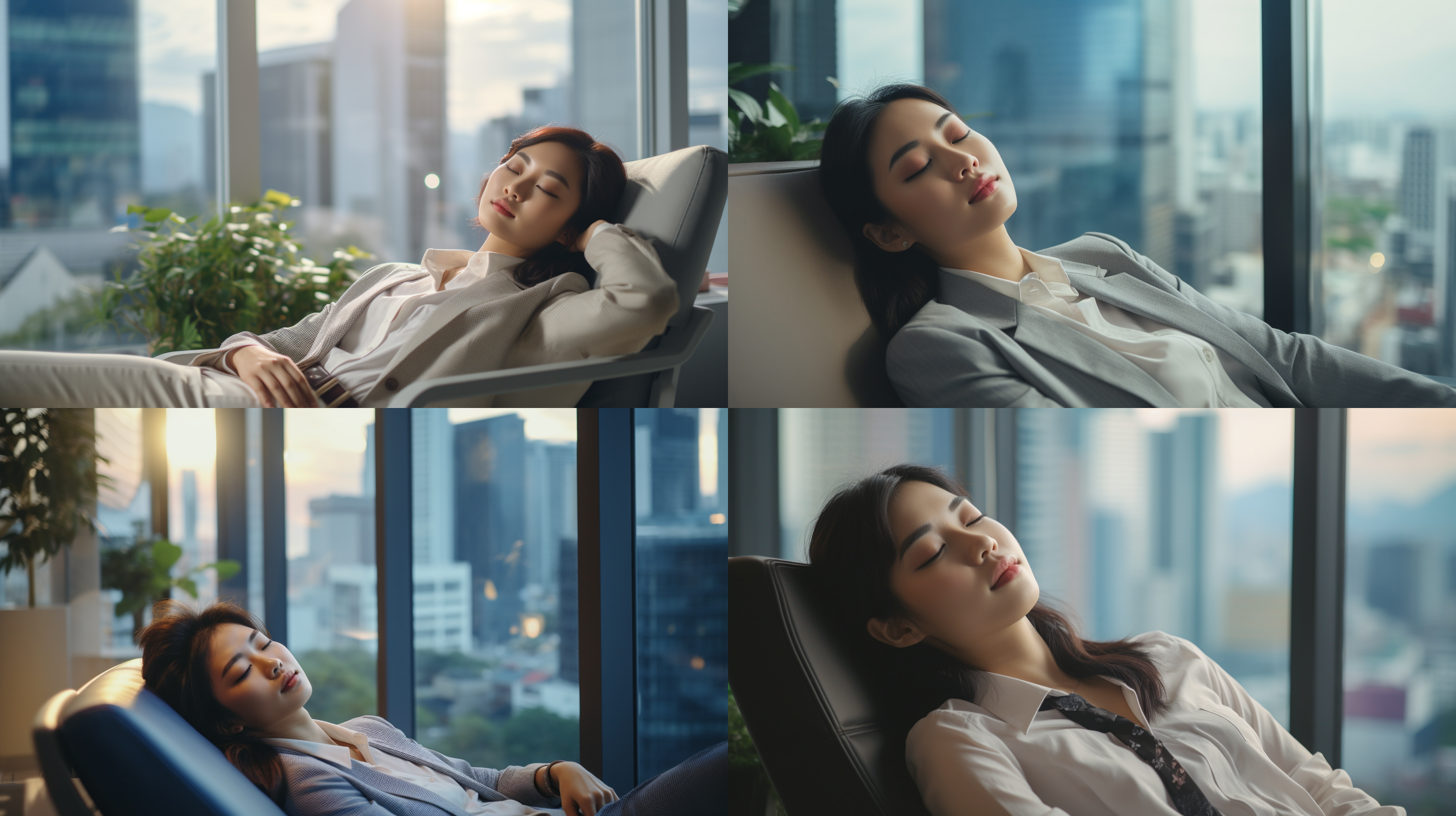 亚洲白领女性，趴在写字楼落地窗边睡觉，明亮办公室，柔和光线，现代风格，窗外城市景色，轻松自然，温暖色调，放松。