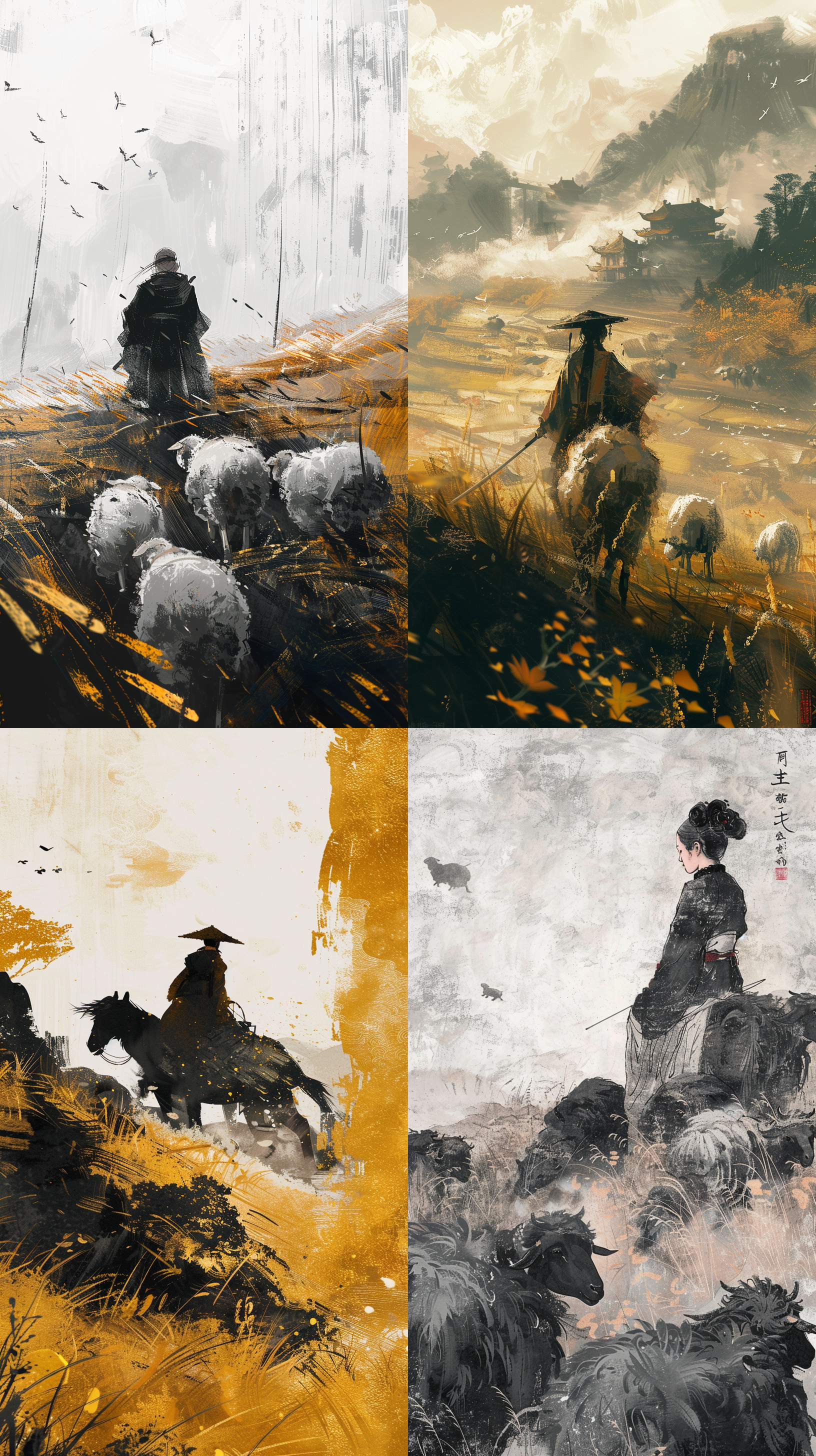 第一人称视角，田野中骑羊的牧童，汉服装扮，传统中国水墨风格，黑金主色调，夸张透视，极简风格，8k分辨率。