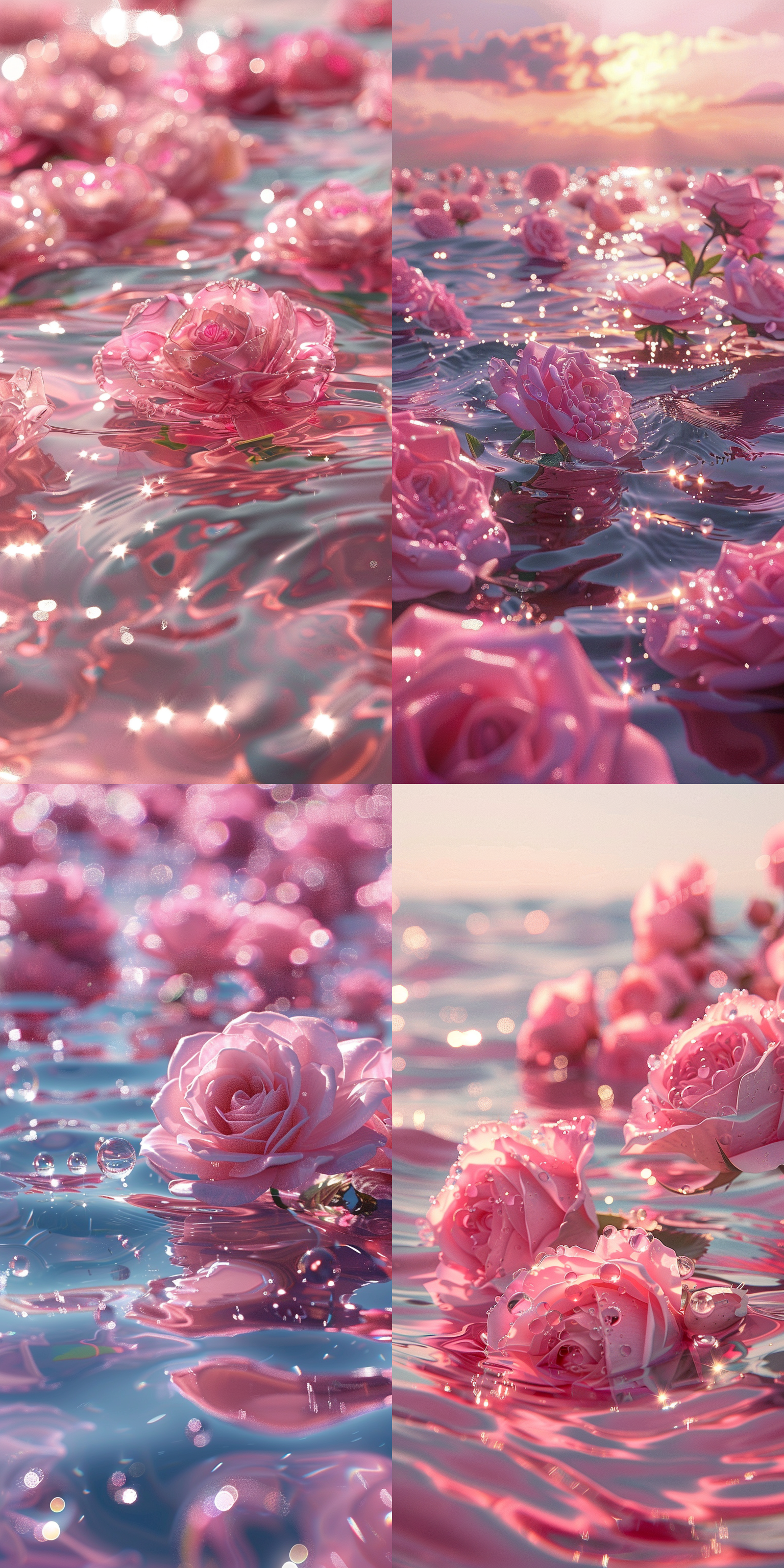 粉色海洋，很多玻璃质感的玫瑰花，漂浮的水珠，质感，波光粼粼，镜面反光，朦胧，8k分辨率，高质量，壁纸