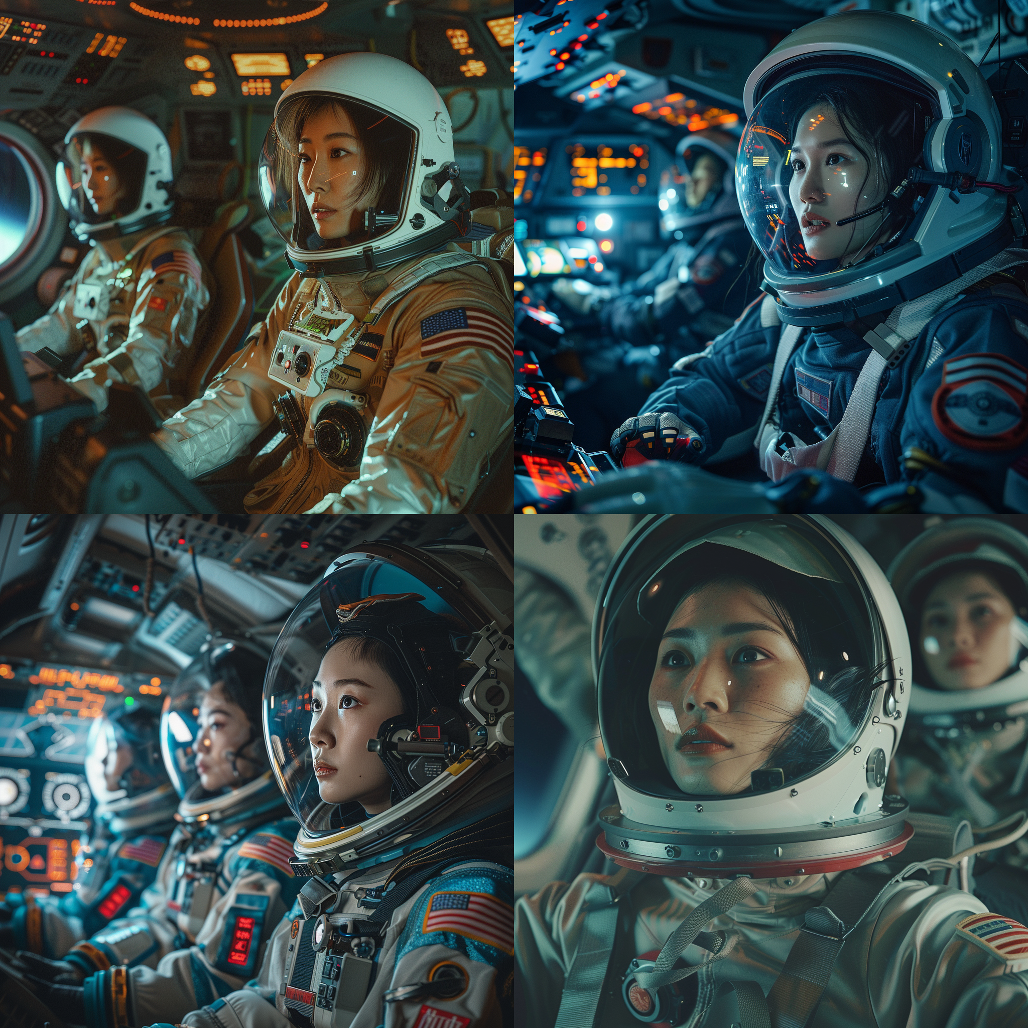 亚洲美女，穿宇航服，驾驶舱内，操控飞船，定焦镜头，电影风格，细节丰富，测光准确，冷色调，专注。