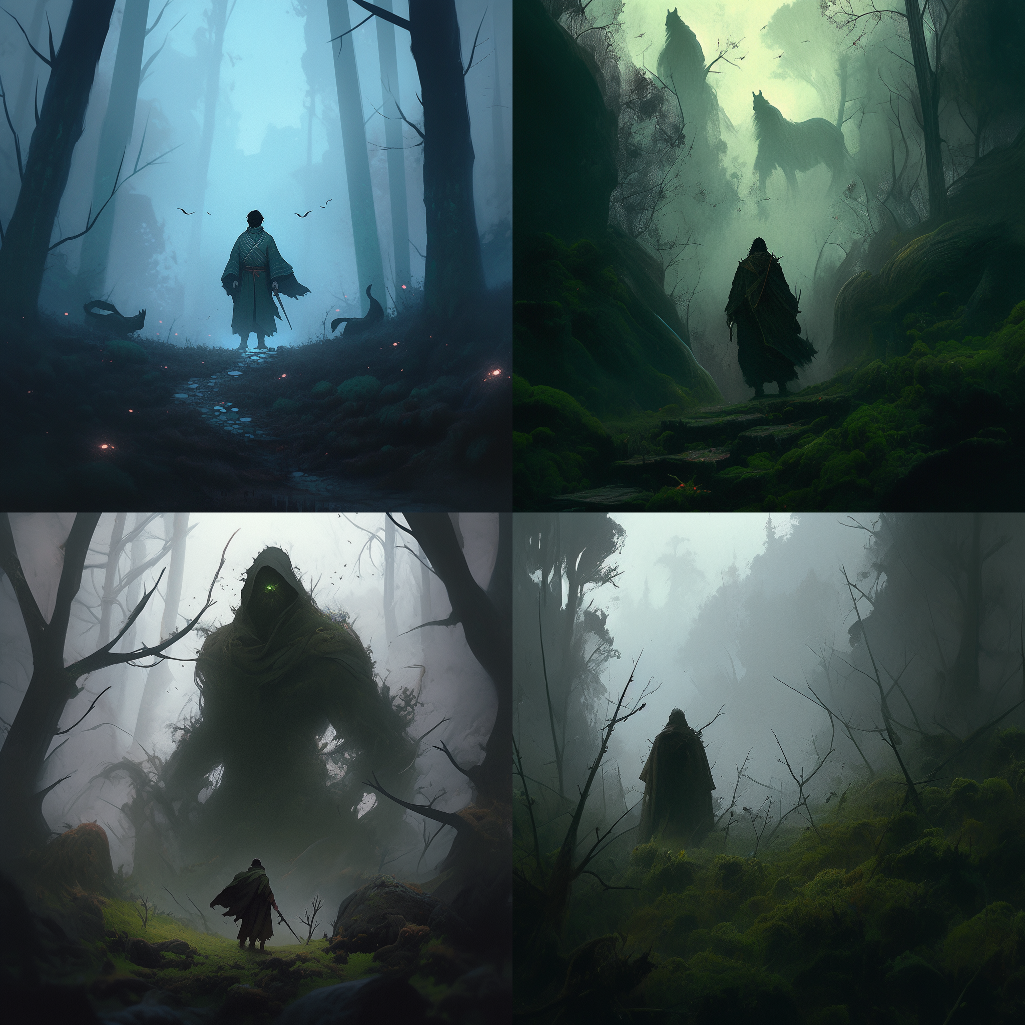 the shadowy forest, mysterious magic, thick fog envelops, the young warrior kevin, green robe, brave expression, forest setting, low angle, magical style, dark tones, mysterious creatures, ultra-wide angle lens, soft sidelight, natural interaction, perception, heartbeat, whispers of the wind, adventurous emotions.