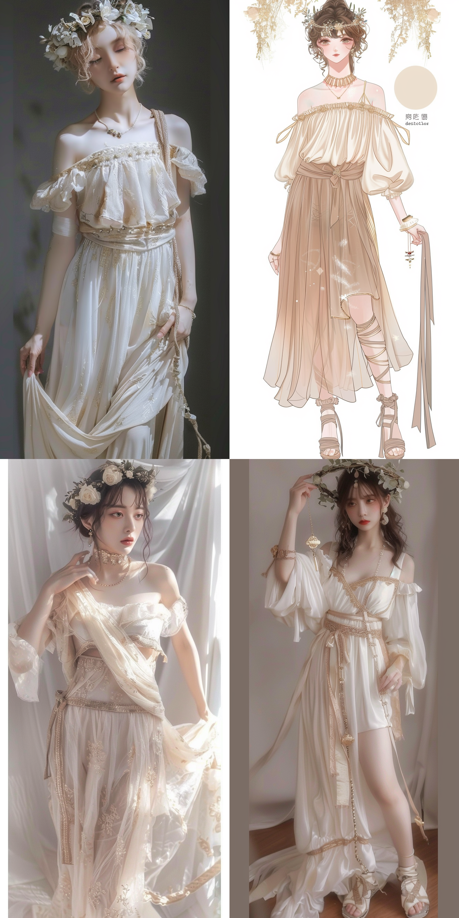古希腊，服装设计，正面全身视角，头戴花圈，女模特，简约