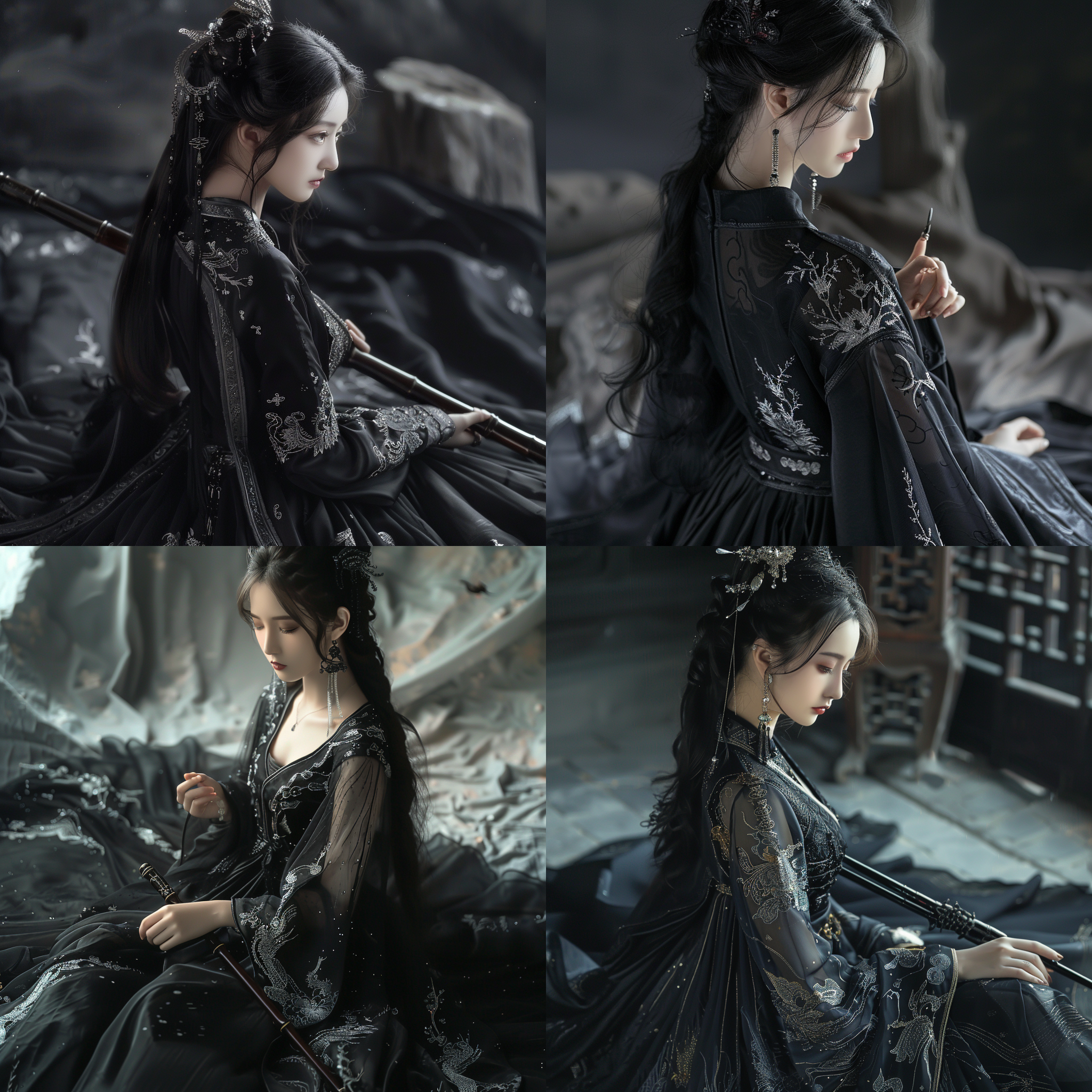 才女，冷傲，黑艳 华丽长裙，优雅面容，黑色调，室内光影，细节特写，侧逆光，神秘，自信，高贵。 动画艺术 蓝宝石 丝绸 汉服 刺绣 中式服装 旗袍 古剑 笛子 景泰蓝 书法 国画