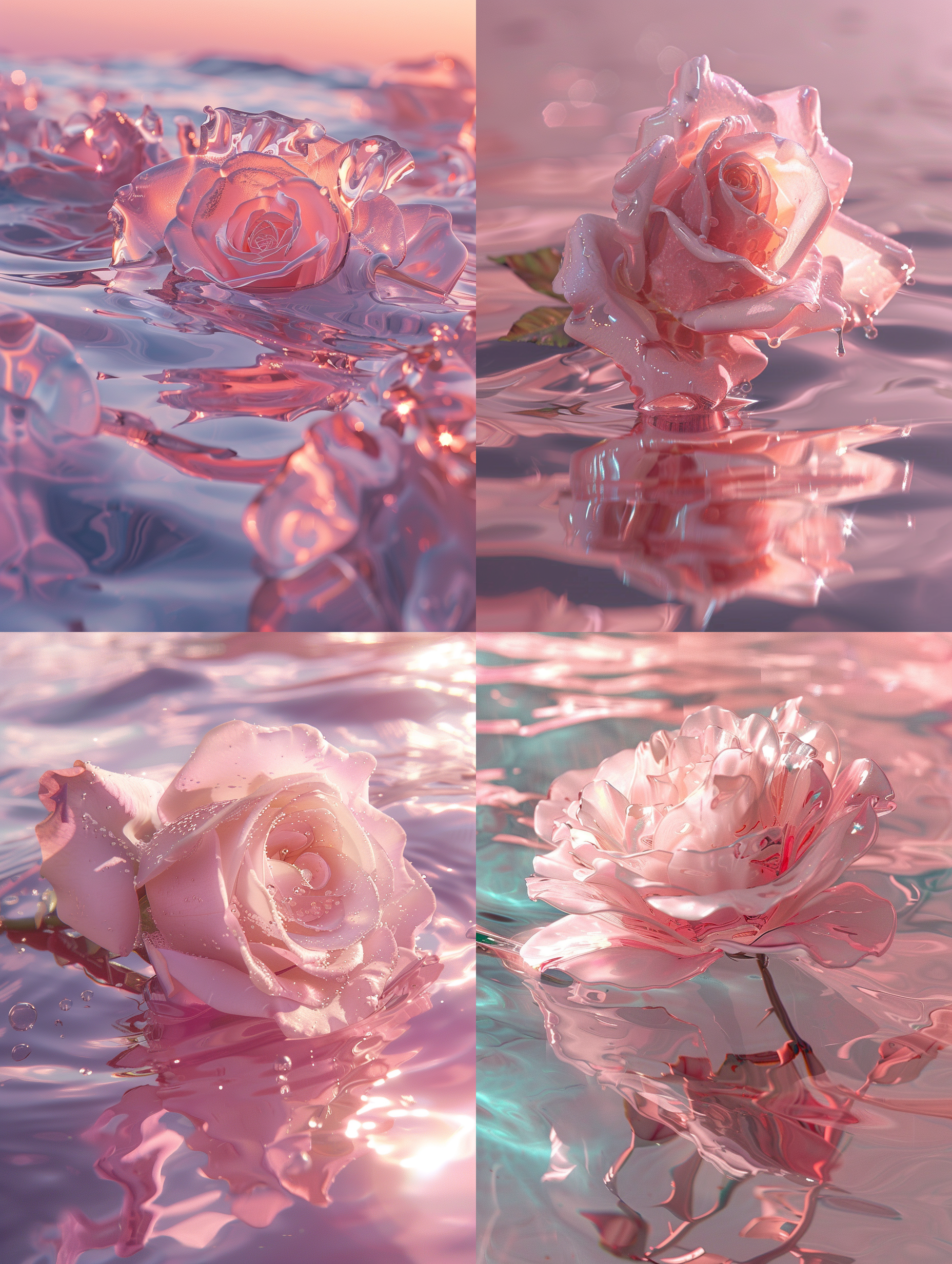 粉色海洋，玻璃玫瑰花，质感，波光粼粼，镜面反光，朦胧，8k分辨率，高质量，壁纸