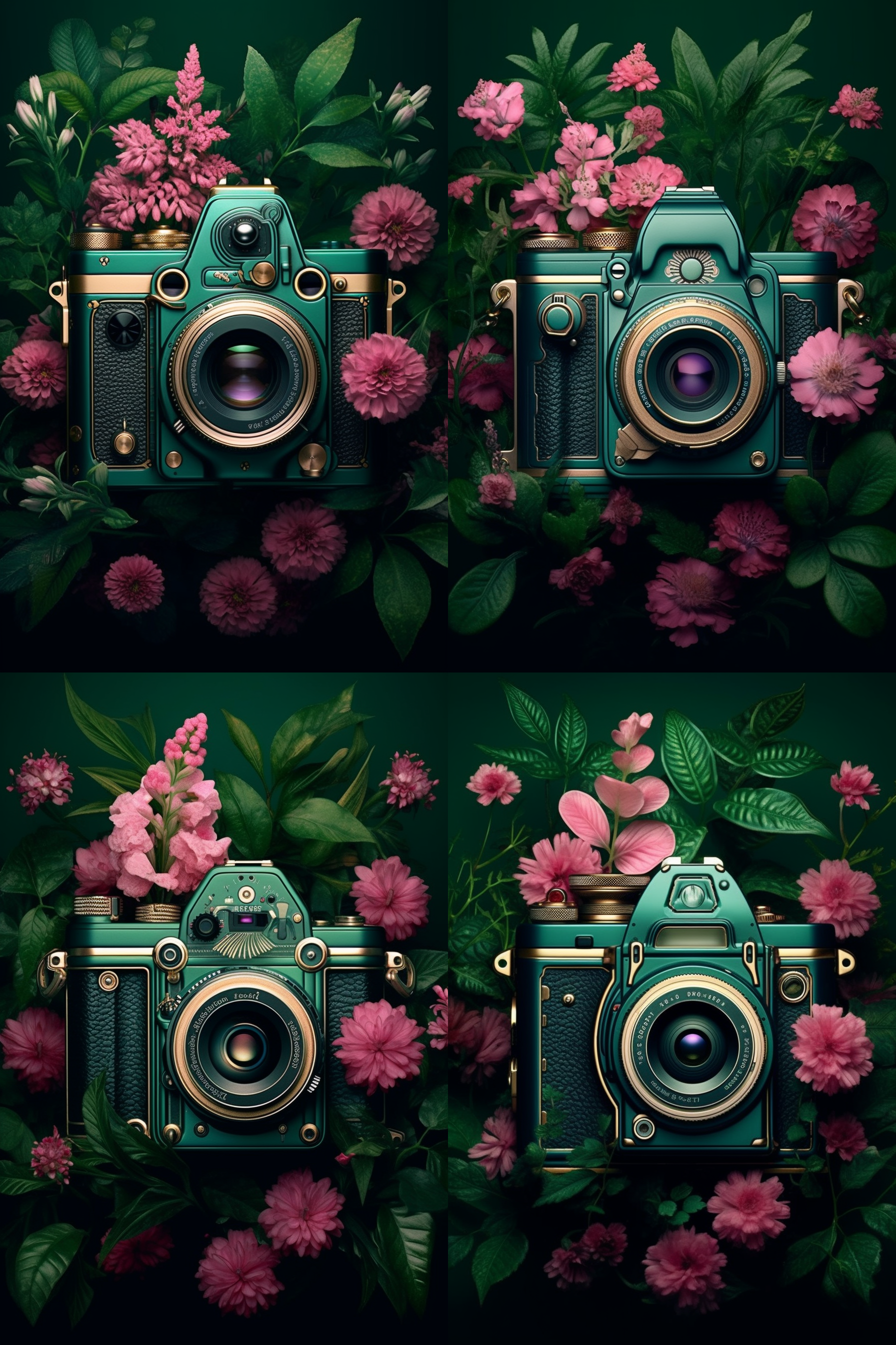 精致的掐丝珐琅尼康z5相机，相机内是花园，开满粉色的鲜花，相机半透明翡翠绿，特写透视感，明亮的灯光，超写实，特写，微距，背景纯色