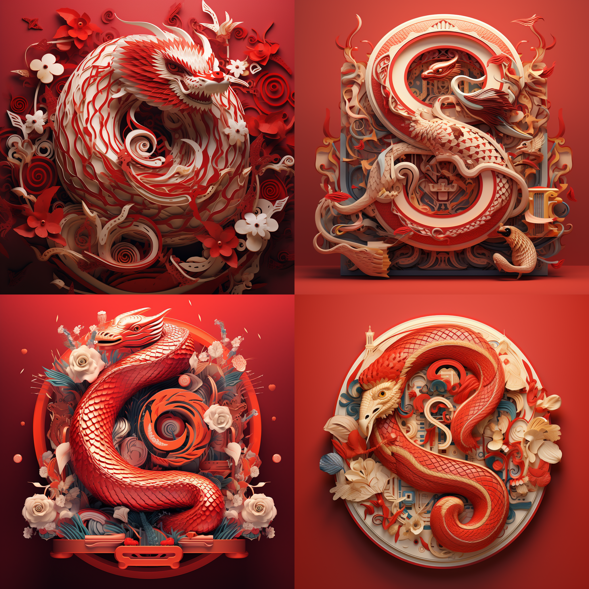 26个英文字母与蛇结合，剪纸风格，中国传统元素，最佳质量，明亮色彩，细节丰富，静态构图，红色调，特写镜头，侧光，祥和，创意。