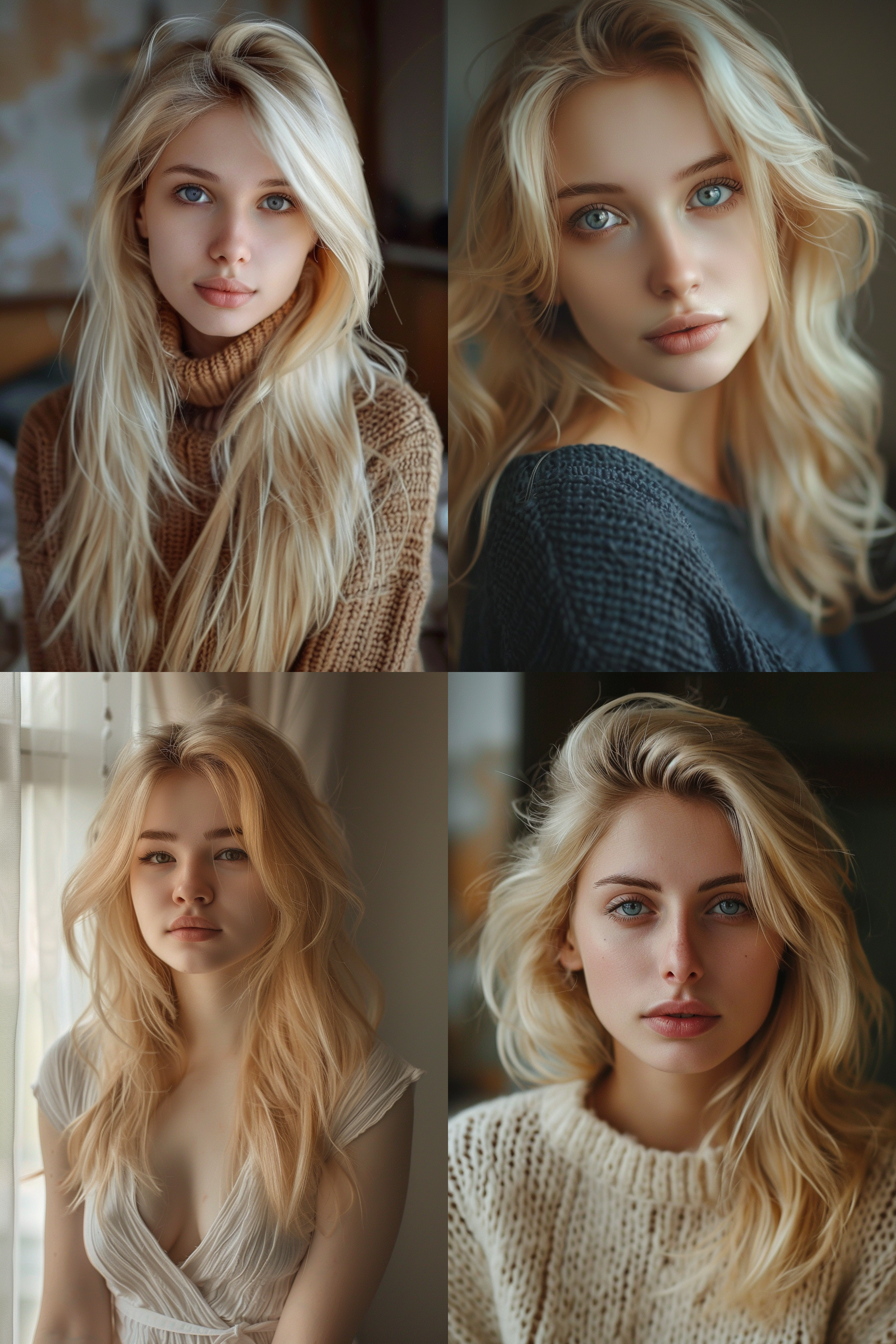 金发俄罗斯美女，正面肖像，温柔可爱，金黄色头发，瞳孔，24岁，超清画质，肖像镜头，室内，柔和侧光，暖色调，明亮眼神，自然表情。