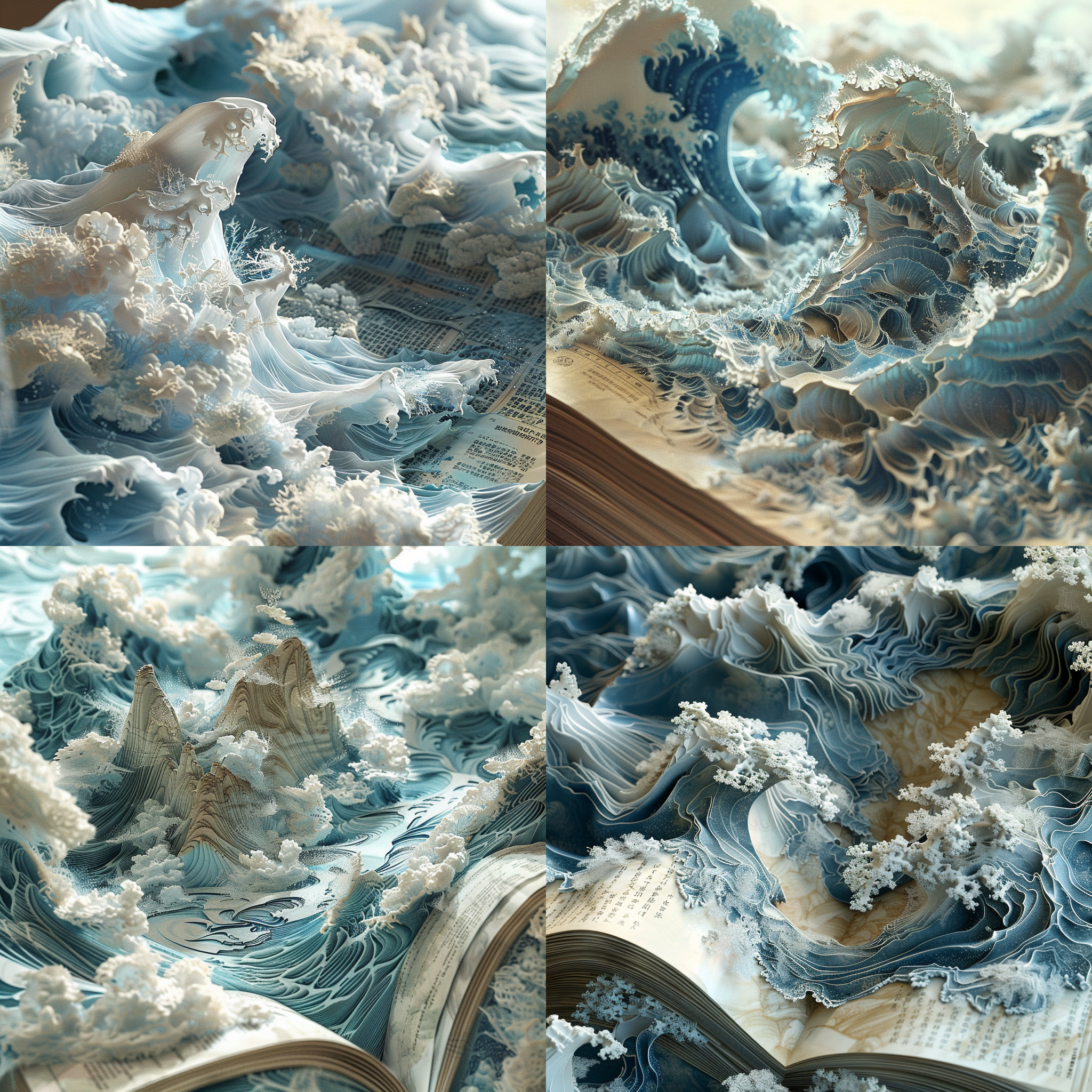 3 d epic illustrations, inspired by katsushika hokusai, shot for imax, flowing book pages, blue sand, behance favourite, daoist, heavenly landscape, made of ice, old parchment, trending on artstaton, breathtaking digital art, inspired by waldo peirce, intricate fractal
