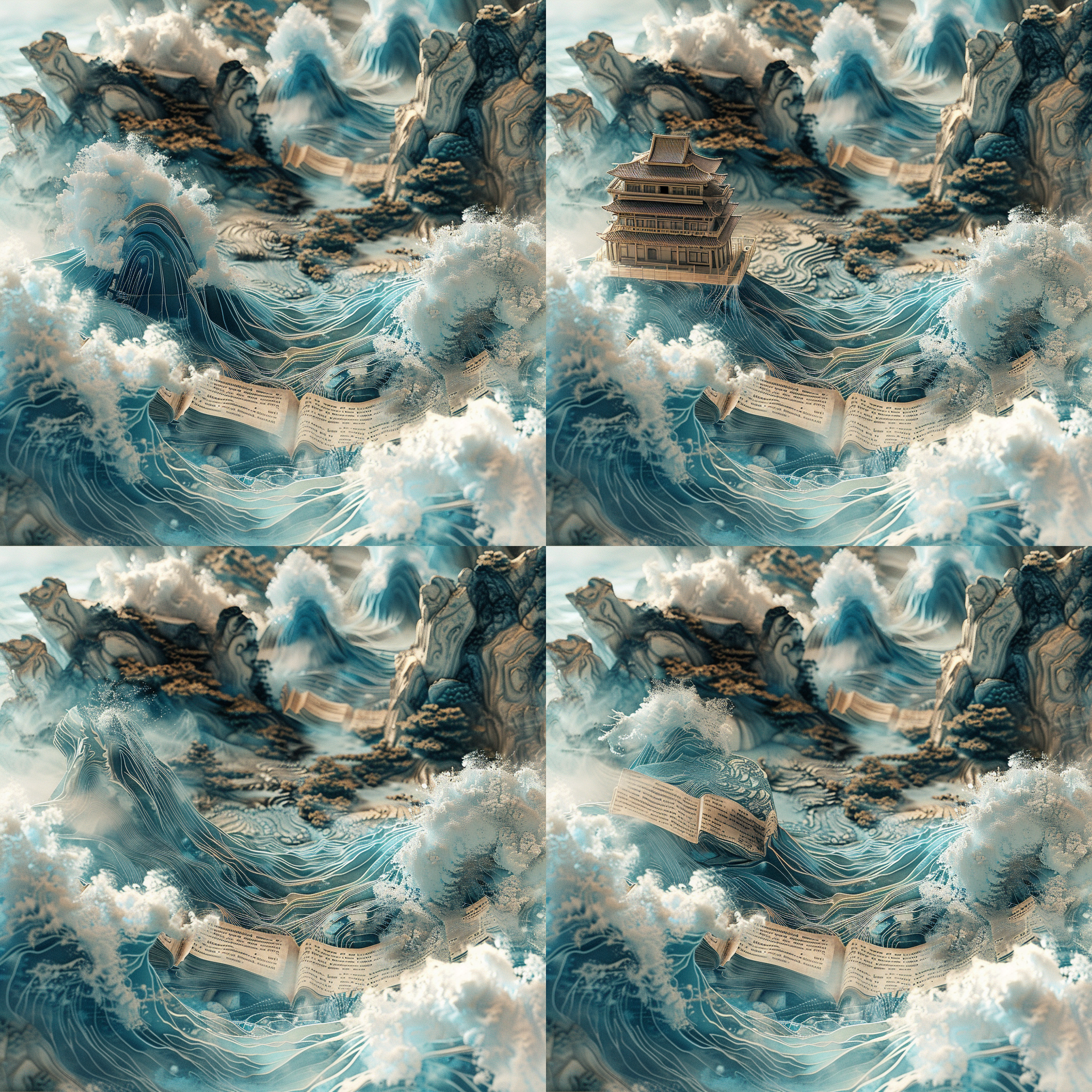 3 d epic illustrations, inspired by katsushika hokusai, shot for imax, flowing book pages, blue sand, behance favourite, daoist, heavenly landscape, made of ice, old parchment, trending on artstaton, breathtaking digital art, inspired by waldo peirce, intricate fractal