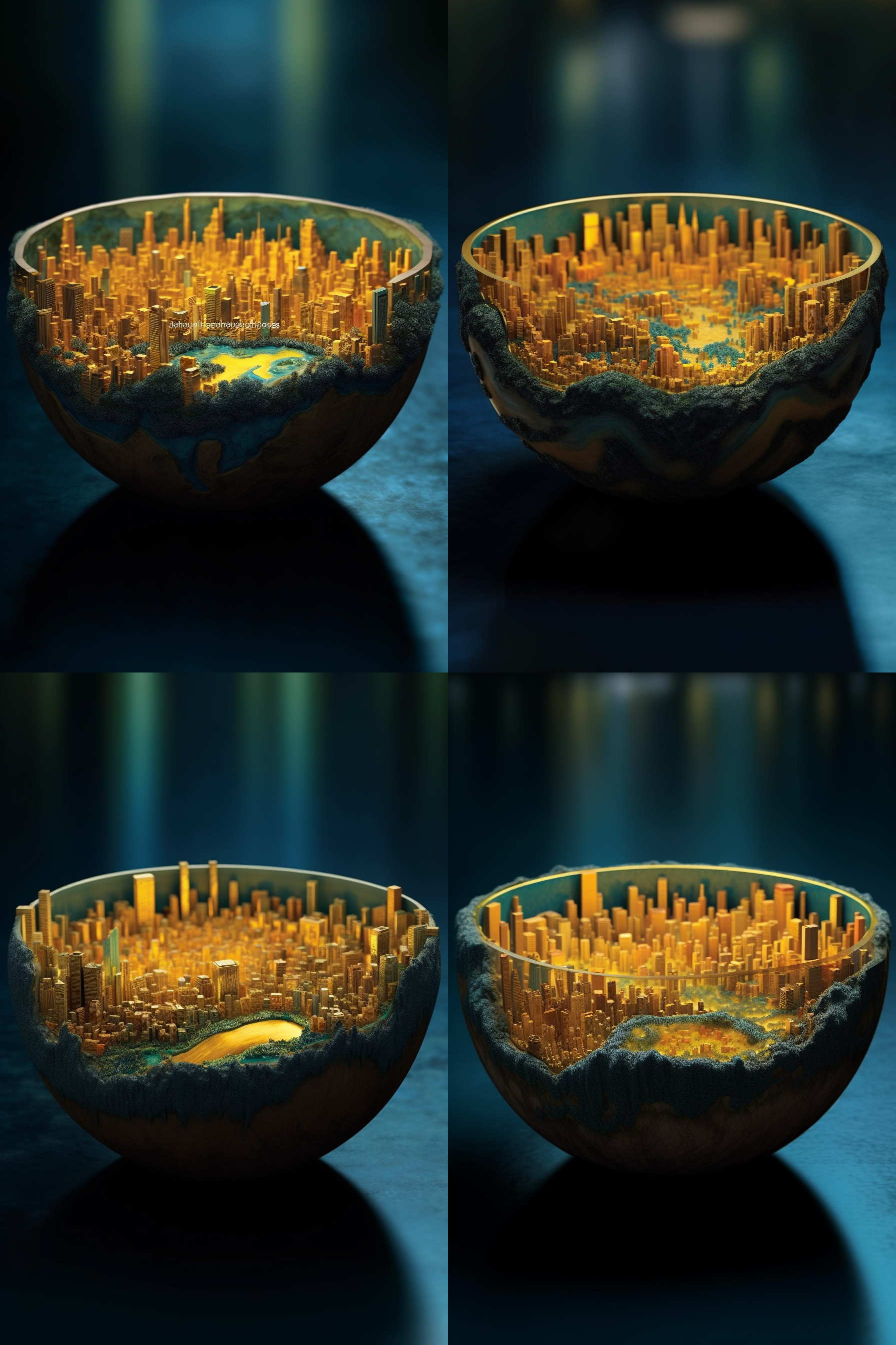 精致的掐丝珐琅碗，碗内深圳城市微缩景，城市建筑，碗半透明黄色，特写透视感，明亮的灯光，超写实，特写，微距，背景虚化