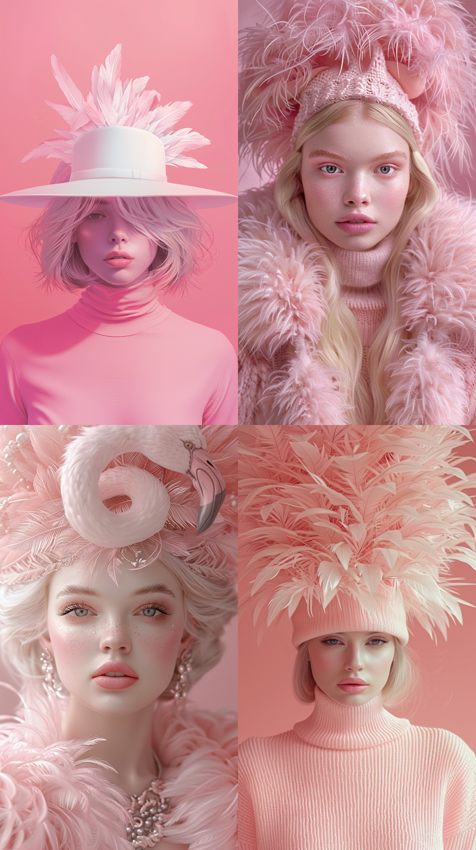featuring one blonde girls wearing white hats made of flamingo feathers against a pink background with a pink color palette, a detailed illustration in the style of hugh kretschmer and nicoletta ceccoli with a magical realism style and soft pink colors,a pastel pink color scheme with a symmetrical composition and minimalistic design resembling a fashion magazine cover or editorial photography. stylize 800