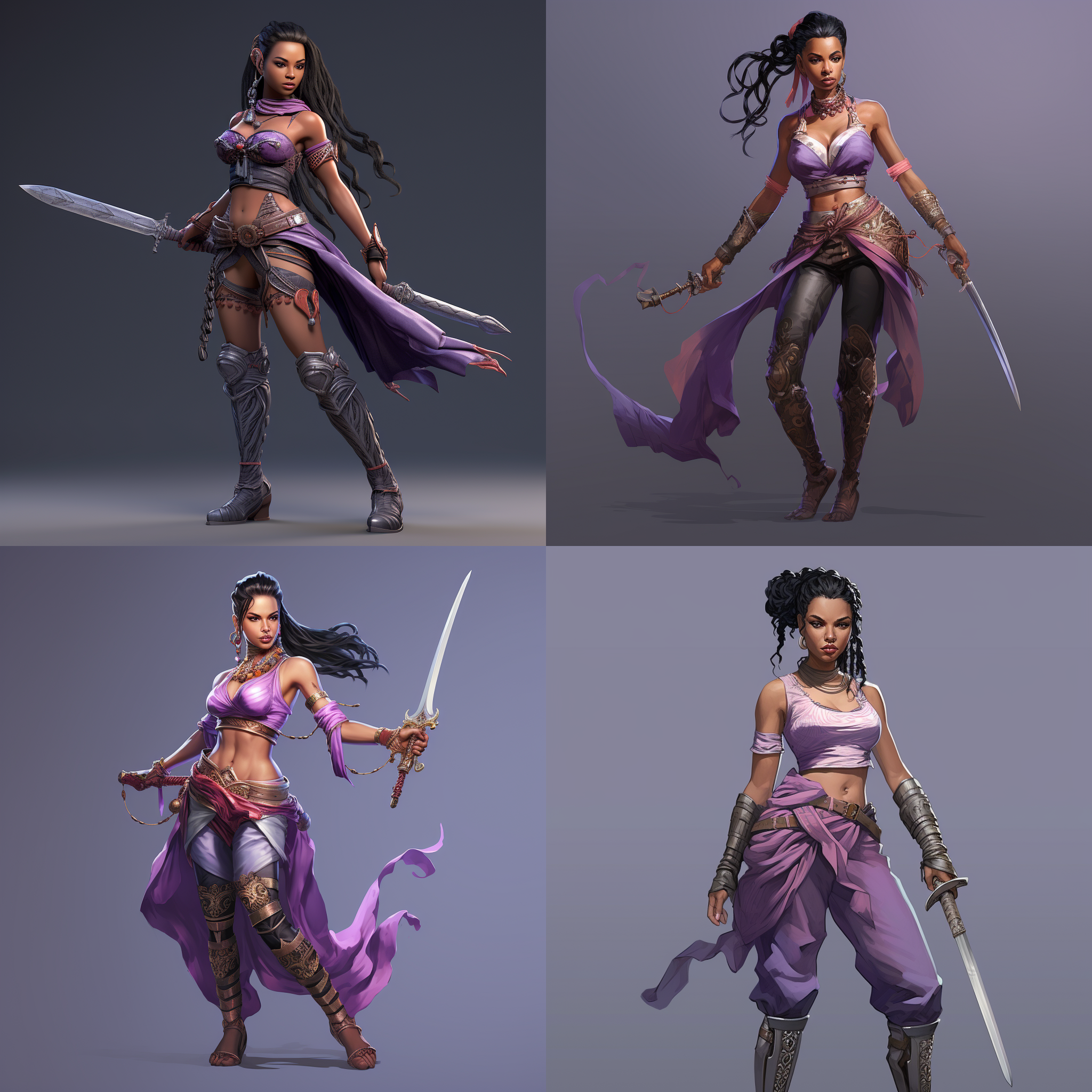 异域女性侠客，手持长柄刀，侧身站立，闭眼，姿势优美，穿紫色丝袜，黑色马尾辫，背景是灰色纯色，手绘写实风格，全身图，高饱和度，明亮色调，细节丰富。