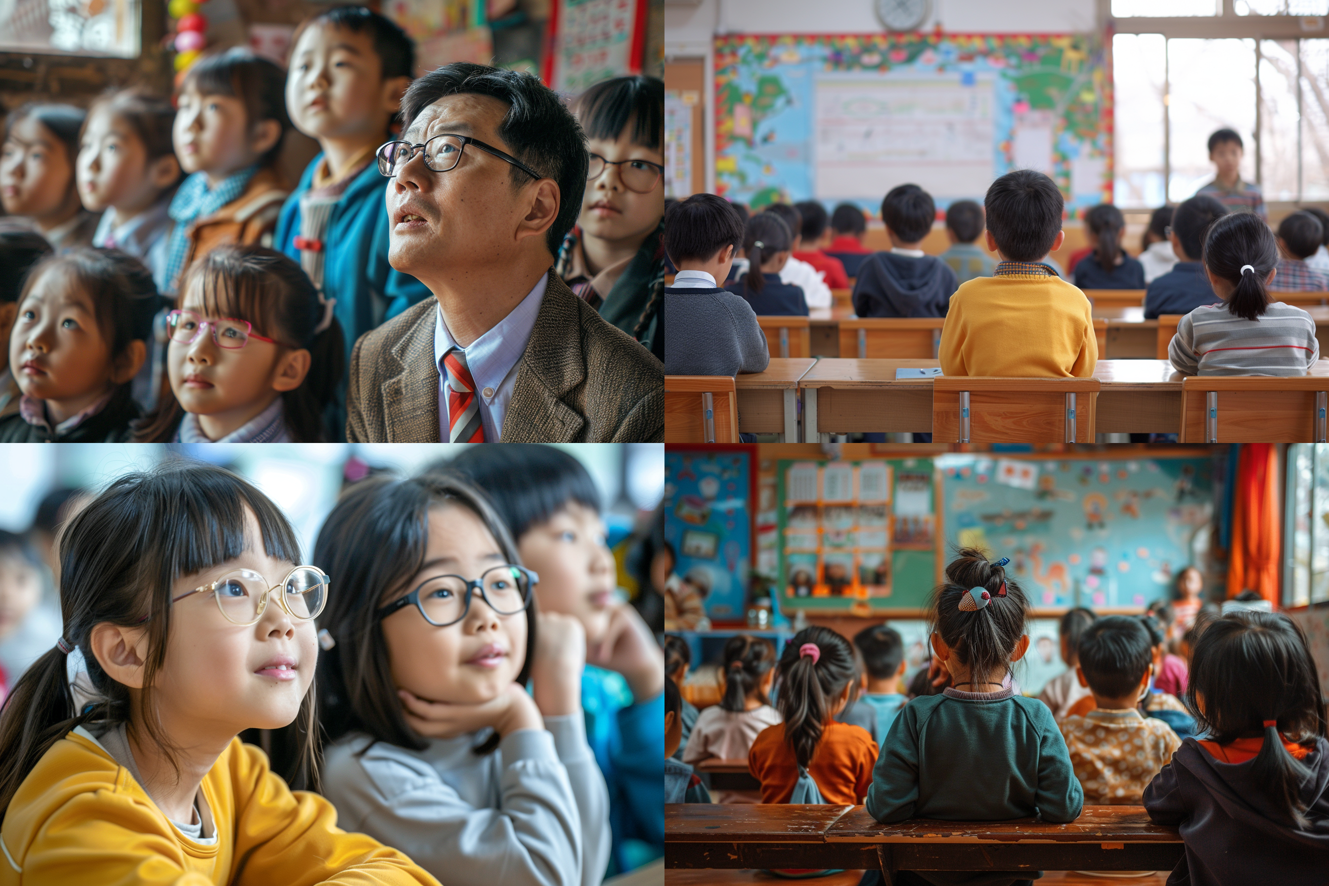 一群中国小学生在教室听老师讲课，