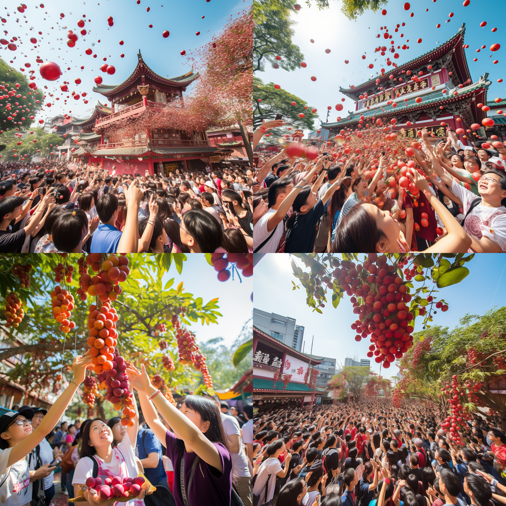 南沙天后宫荔枝节，热闹场面，丰富色彩，节日氛围，人群聚集，航拍视角，明亮阳光，欢快表情，传统服饰，活力四射。