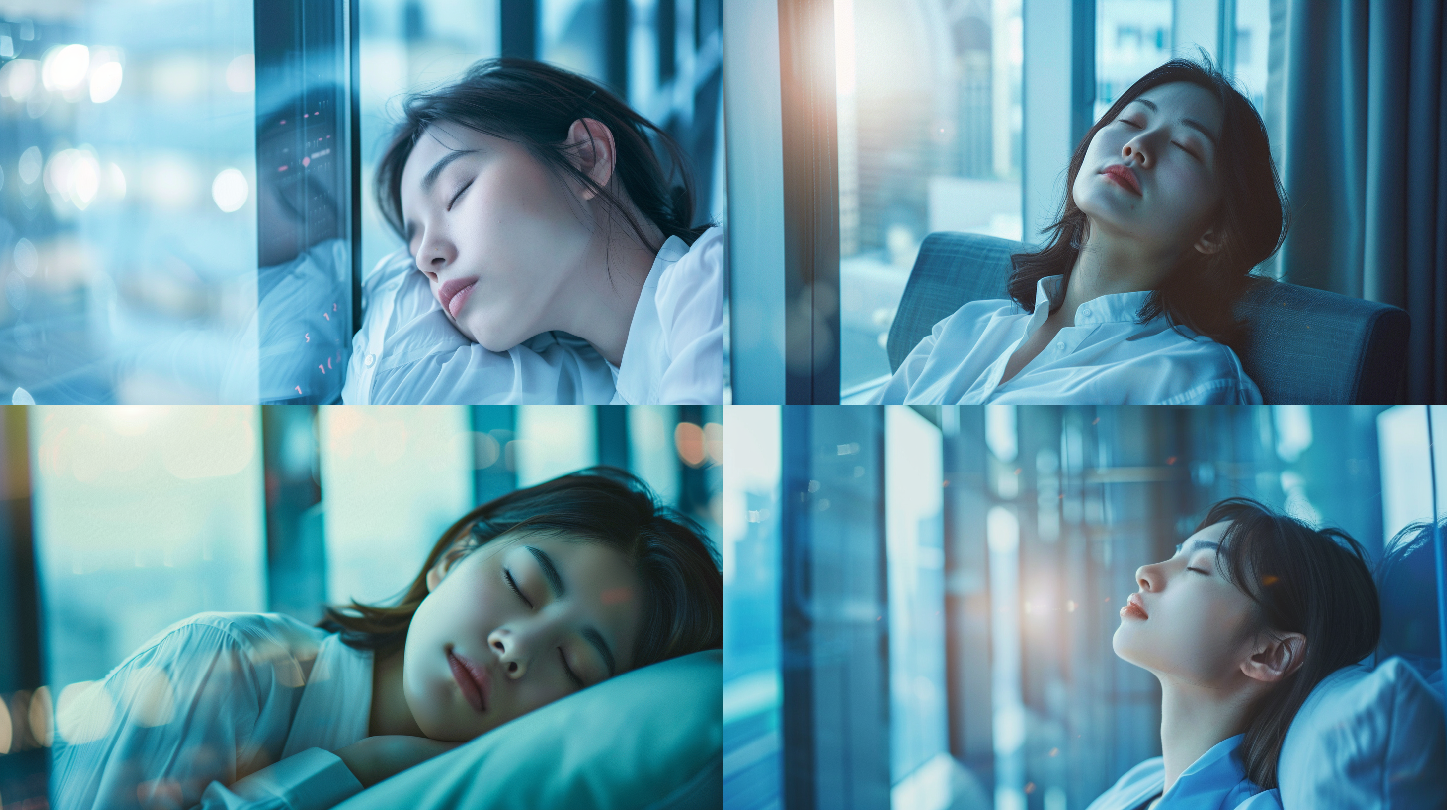 亚洲女性白领睡觉，高大落地窗，现代写字楼，柔和光线，正面构图，蓝色调，中焦镜头，安详表情，睡眠，放松。