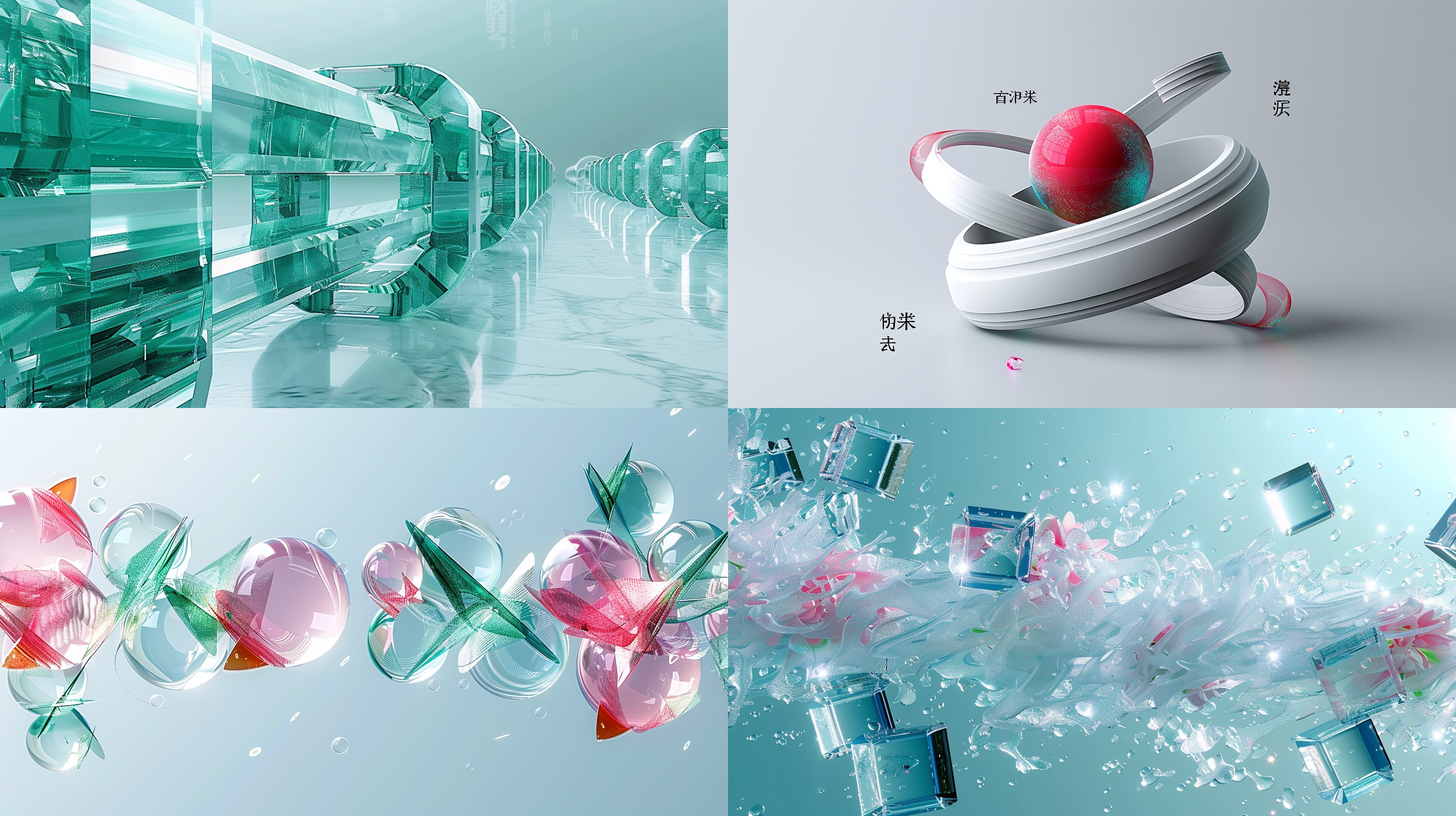 摄影镜头，磨砂玻璃质感，透明工业风，c4d，3d，纯白背景，高细节灰色背景，简单线性设计，现代感，几何形状，冷色调，抽象，简约。 玻璃 光粒子 虚化 镭射糖果纸