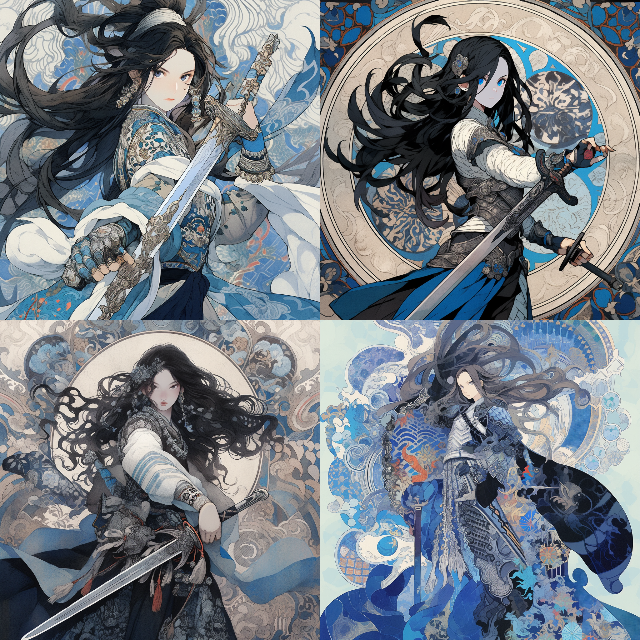 女生持大剑，全身图，古风服饰，长发飘逸，蓝色眼睛，黑色连裤袜，青花瓷背景，侧身，复古色调，细节丰富，英雄气概，神秘感。 大光圈，高清晰度，战斗姿势，传统风格，中景构图，明暗对比，暗调，动作凌厉，神秘色彩，自信表情。