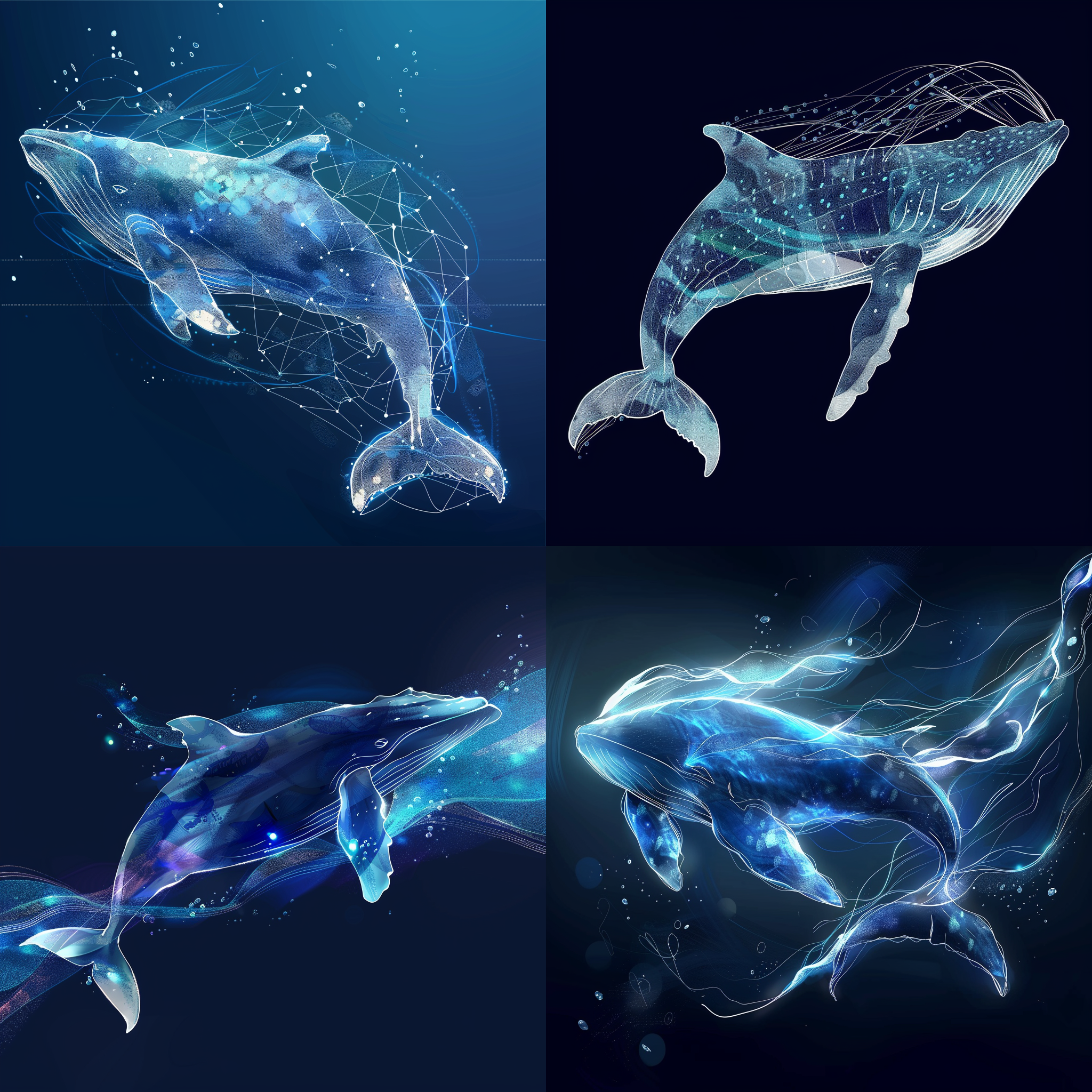 科技感鲸鱼/北鲲，动感弧形线条，深蓝背景，抽象构图，流线型设计，高光反射，数码风格，立体感，冷色调，动作参考，科技感。