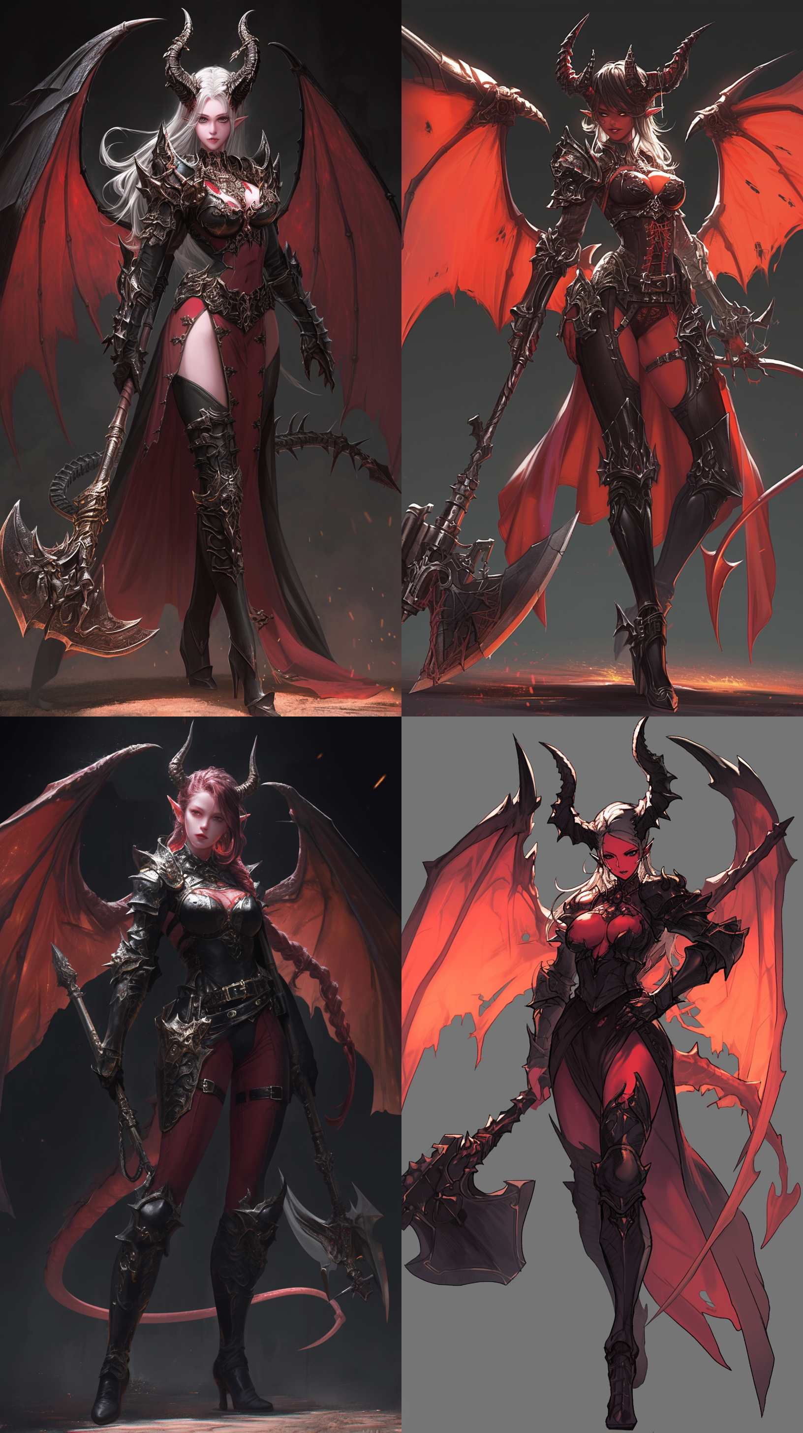 女性恶魔，怪物，双角，红皮肤，尖牙利齿，站姿，邪恶感，穿黑色厚重全身甲::3，恶魔翅膀，长尾，手持厚重双手斧，角色设计风格，背景阴暗，角色设计风格，全身，特写，背景光，4k，高质量，高渲染，超级细节