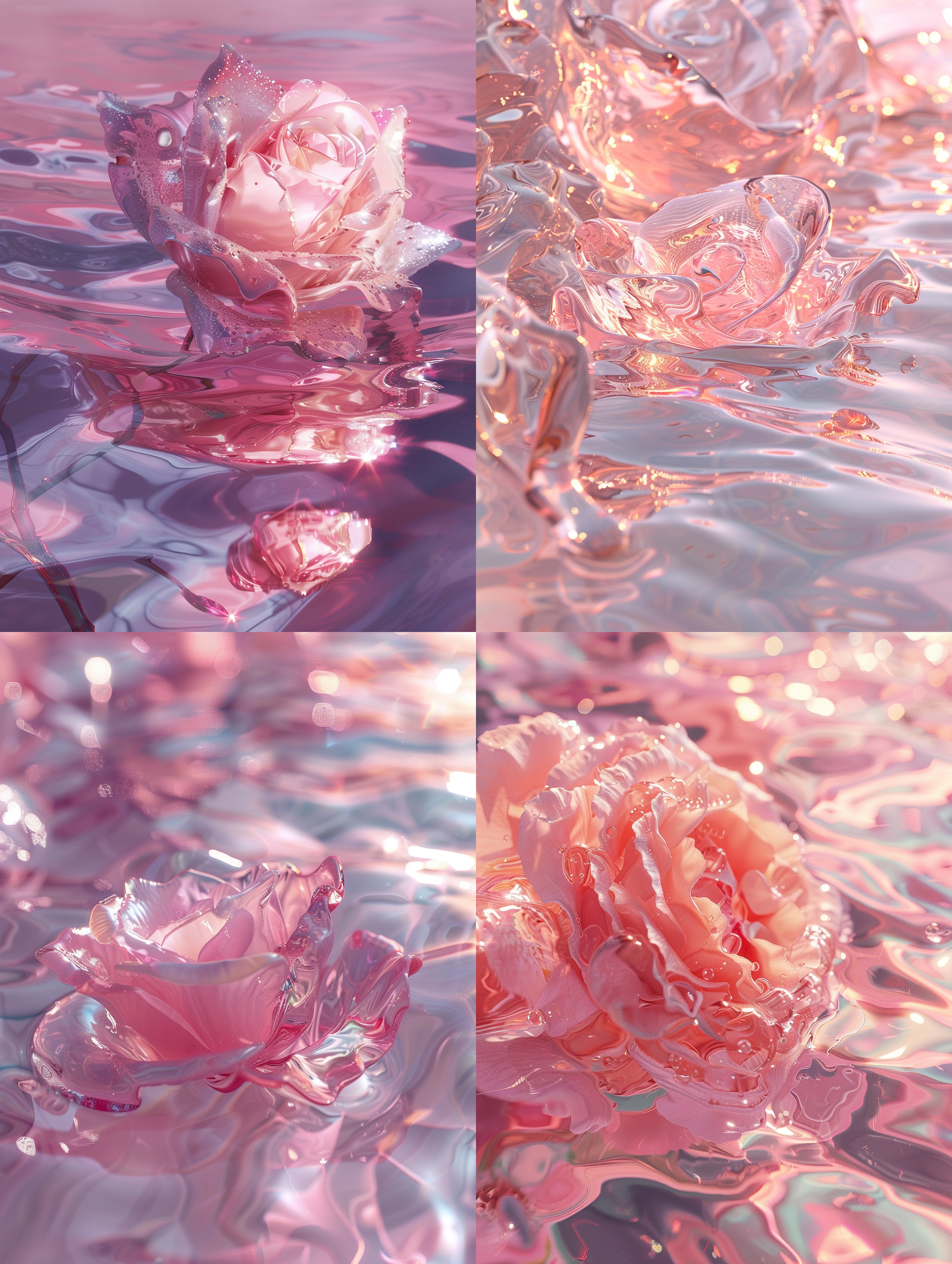 粉色海洋，玻璃玫瑰花，质感，波光粼粼，镜面反光，朦胧，8k分辨率，高质量，壁纸