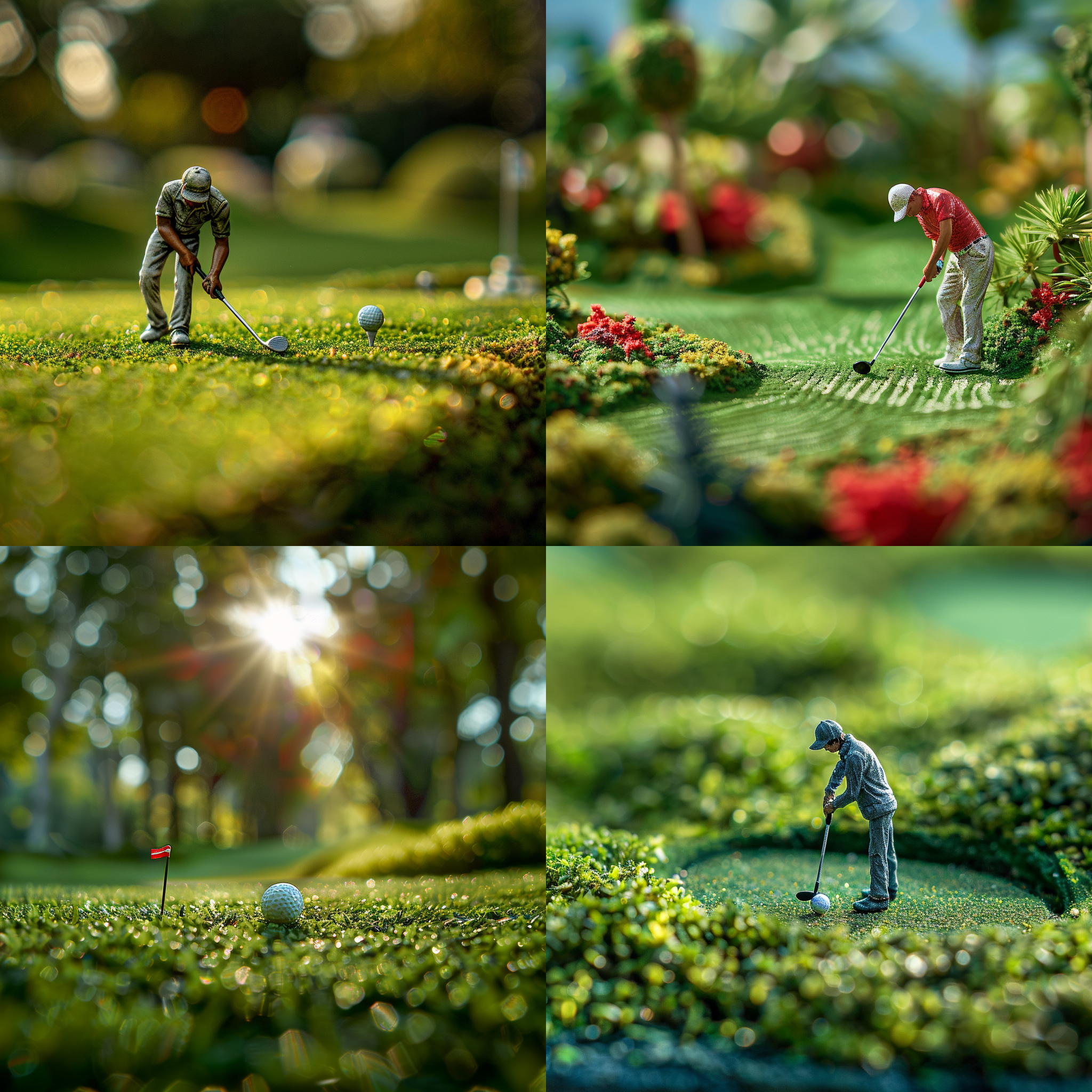 高尔夫球在微缩场景中，绿色草坪上，高角度俯视，细节丰富，微距镜头，自然光，挥杆动作，高饱和度，动感十足。