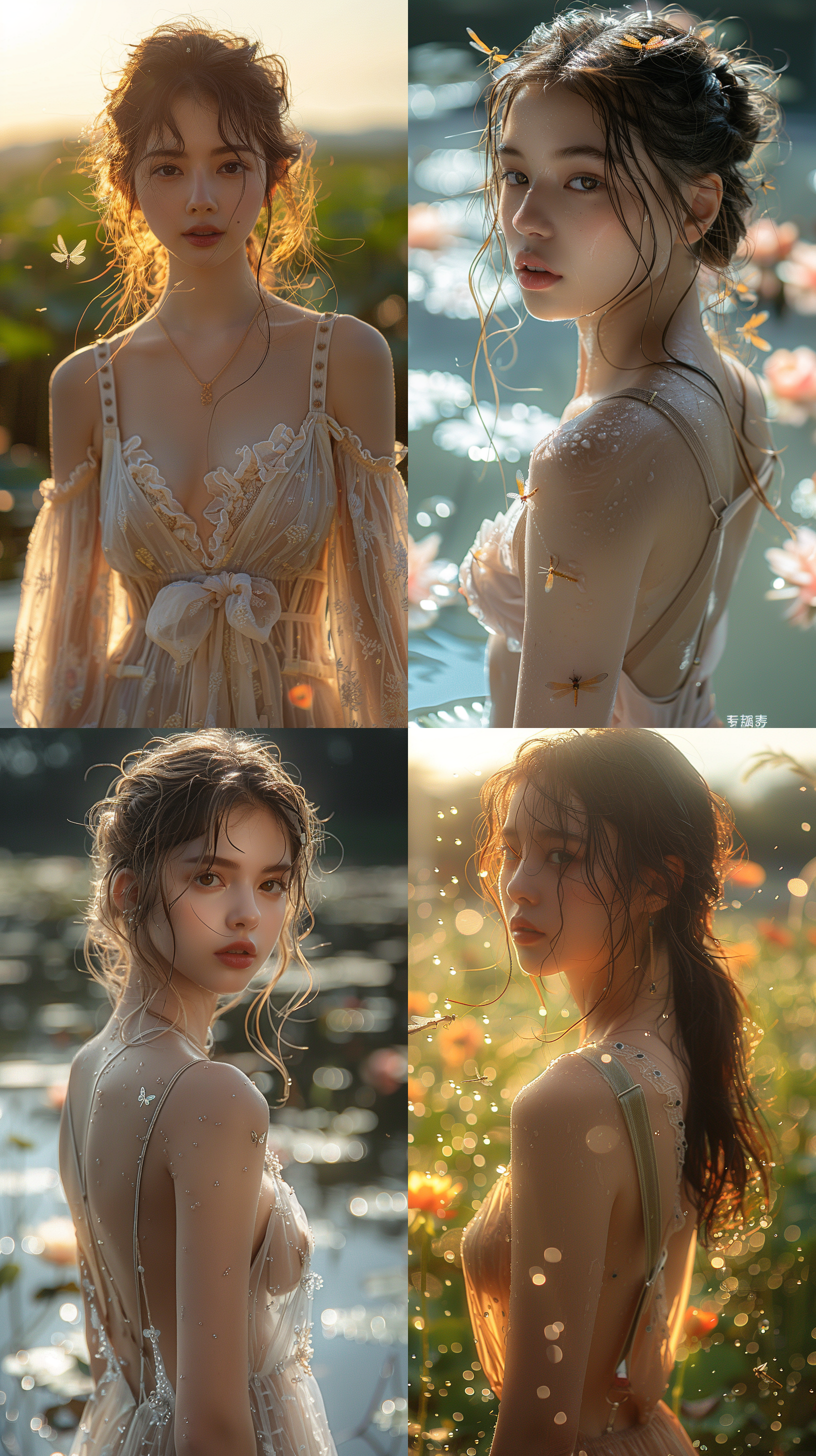 立夏，淡淡的橘色，有蜻蜓，有荷花，一个小姑娘背影，小姑娘穿着吊带长裙 春夏主题，自然风光，背光拍摄，柔和光线，半身特写，清新色调，静谧情感，水面倒影，自然元素，优雅氛围。 天空