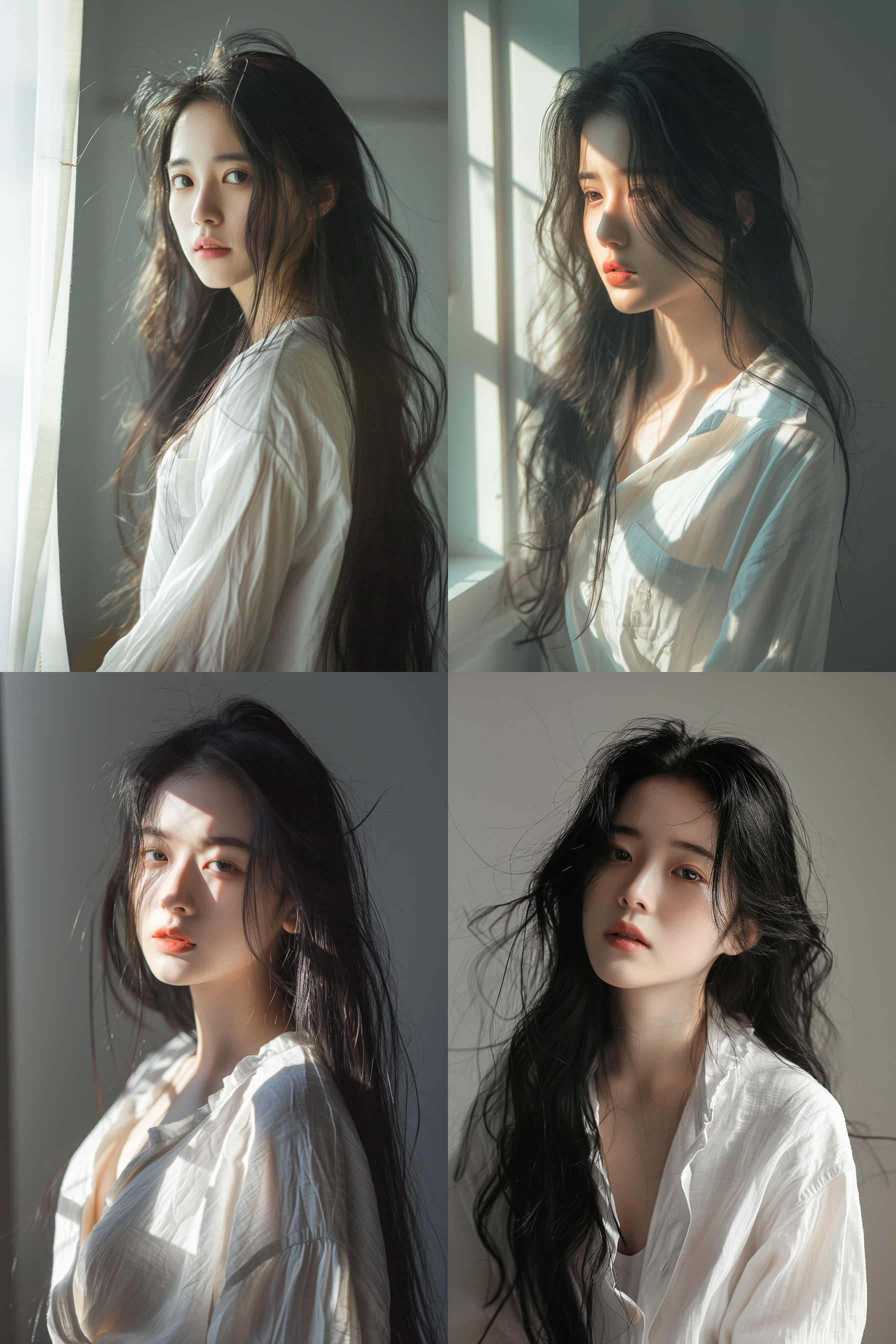 beautiful asian girl, 21 years old, like liu yifei, very beautiful, wearing a loose white shirt, black long hair, cover model, indoor shooting, side lighting, cover photography, 16k