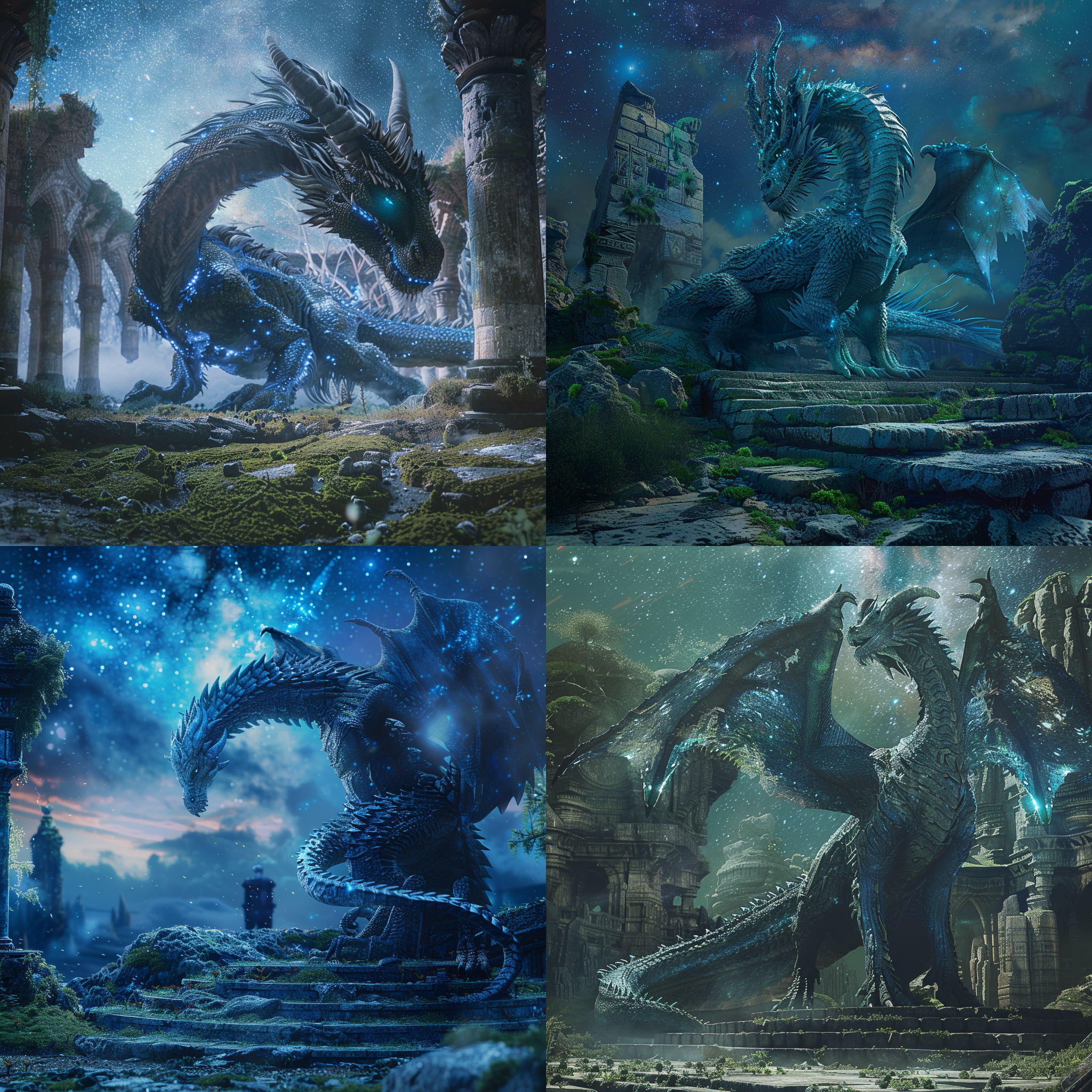 巨龙在古老的神殿上，青苔覆盖的地面，身躯蓝色闪耀，星空璀璨。极高画质，环境真实，广角镜头，北欧风格，神秘，壮观，史诗般。