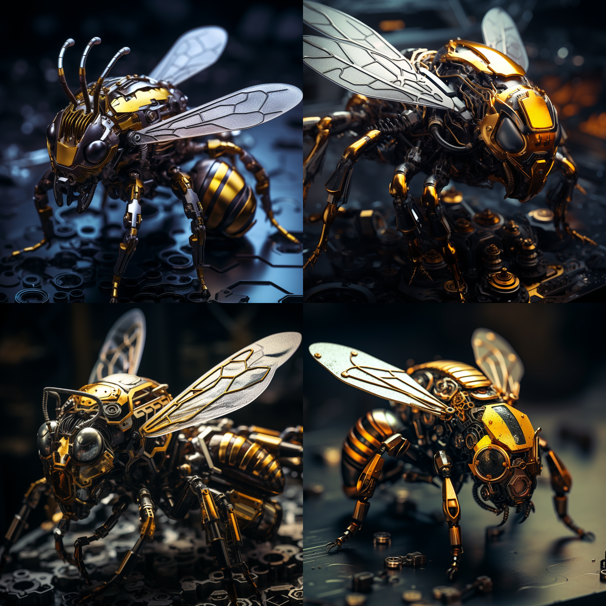 机械蜜蜂，赛博朋克质感，微距特写，背景为暗黑色，金属质感，细节丰富，细节突出，高光反射，科幻氛围。