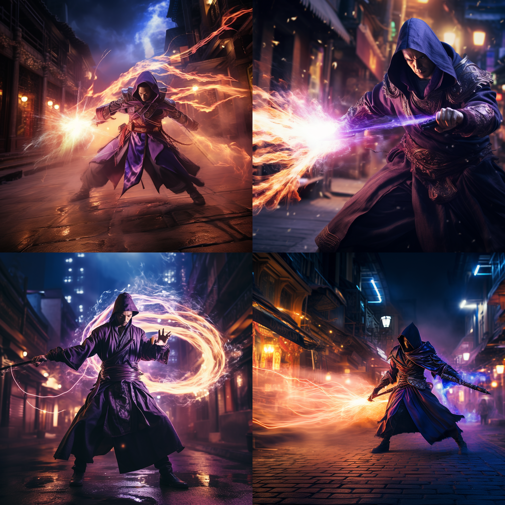 battle of guyi mage, city street, night, purple light, magic flame, robe, wand, focused expression, sharp action, high speed shutter, close ups, fantastic colors, battle atmosphere.