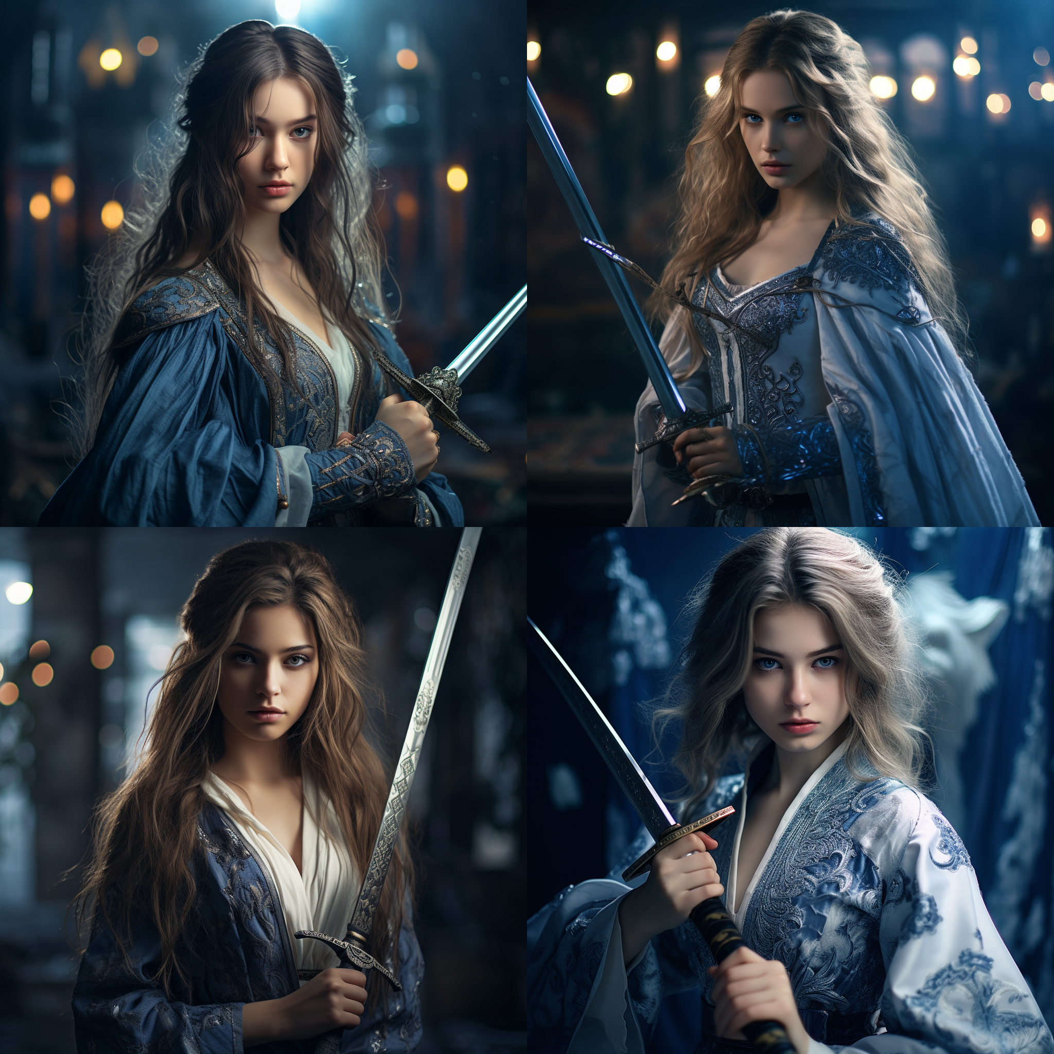 女生持大剑，古风服饰，长发飘逸，蓝色眼睛，黑色连裤袜，青花瓷背景，侧光，复古色调，细节丰富，英雄气概，神秘感。
